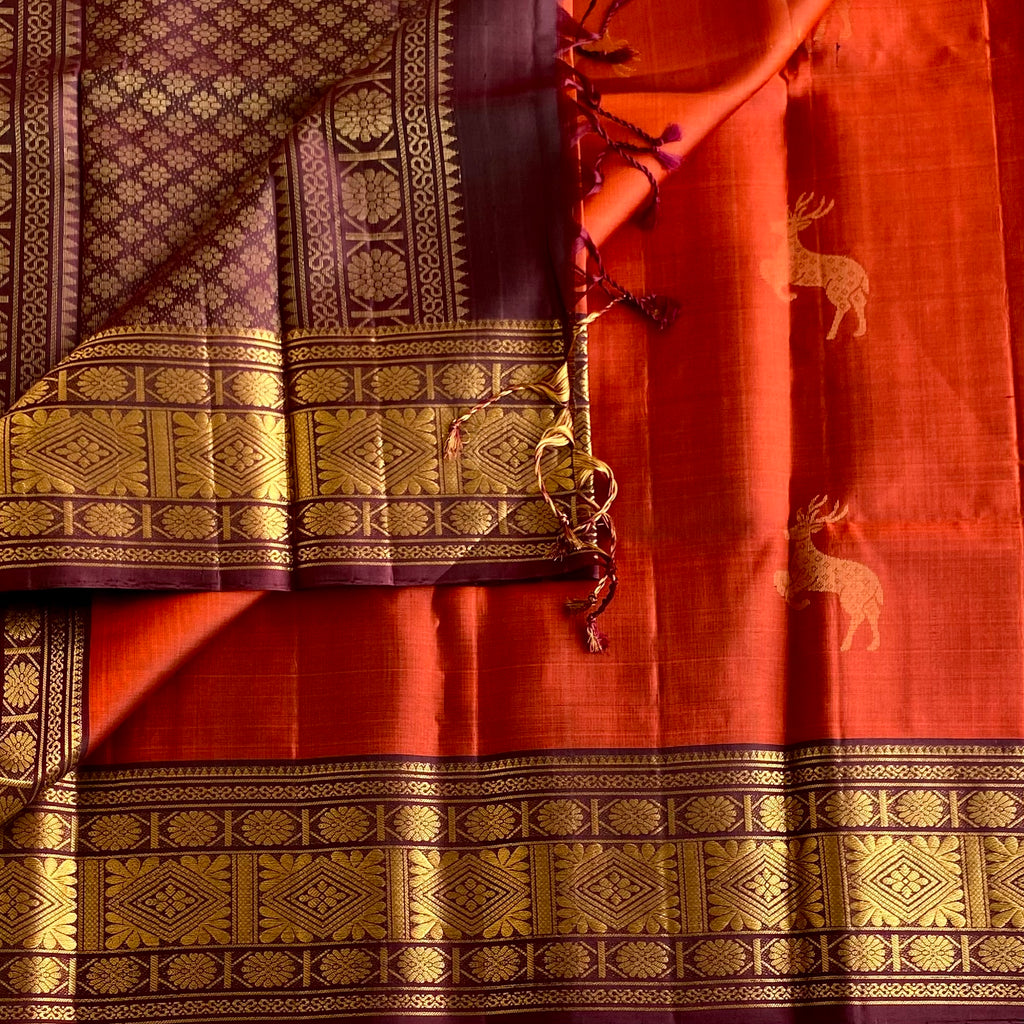 Deep Rust Orange Designer Pure Silk Saree With Wine Brown Border