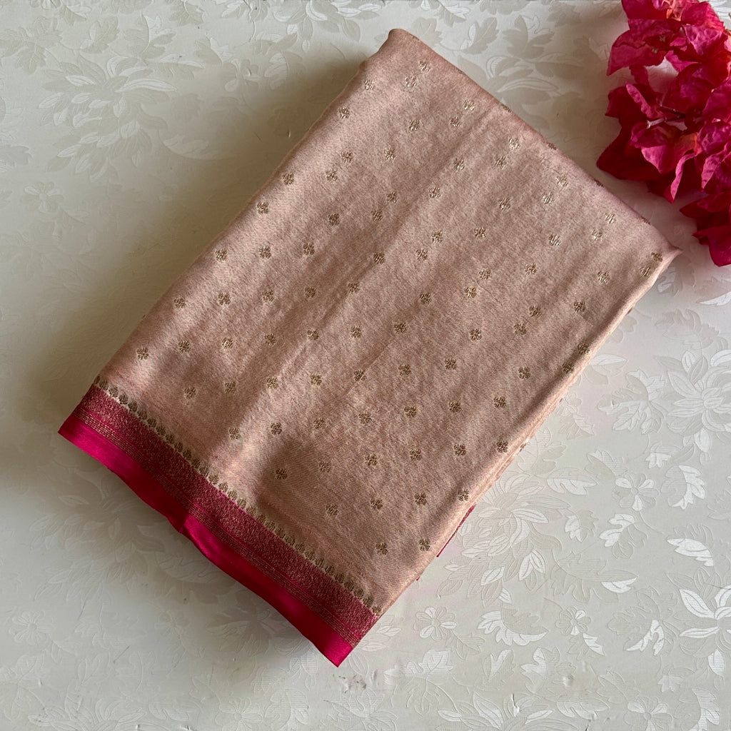 Champagne Beige Banarasi Soft Crepe Silk With Rani Pink Pallu