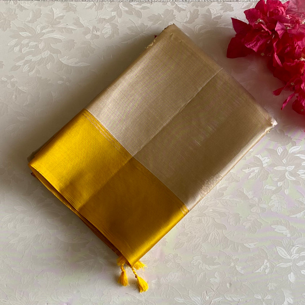 Champagne Beige Designer Pure Silk Saree With Golden Yellow Pallu