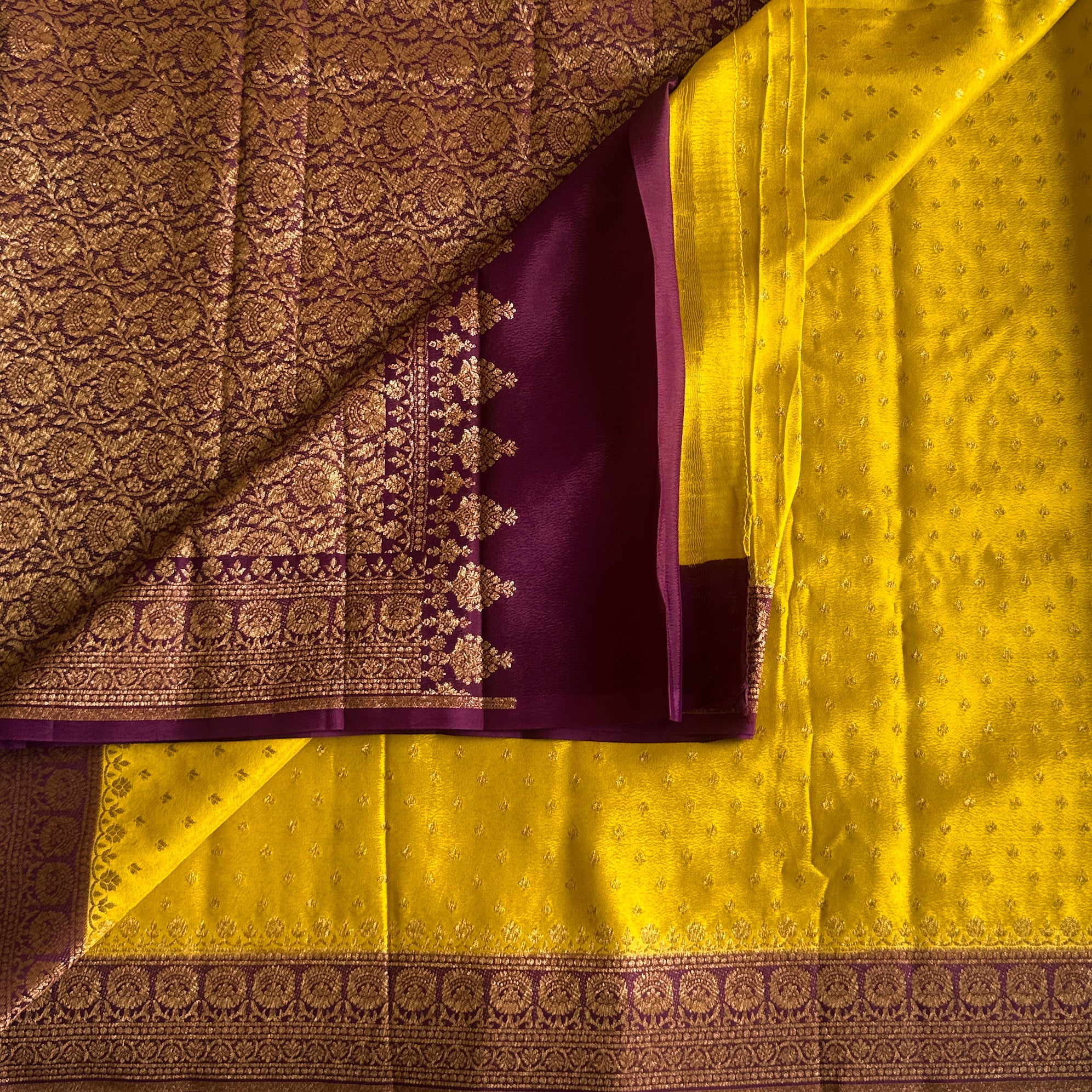 Lime greenish yellow with dark purple Banarasi soft crepe silk