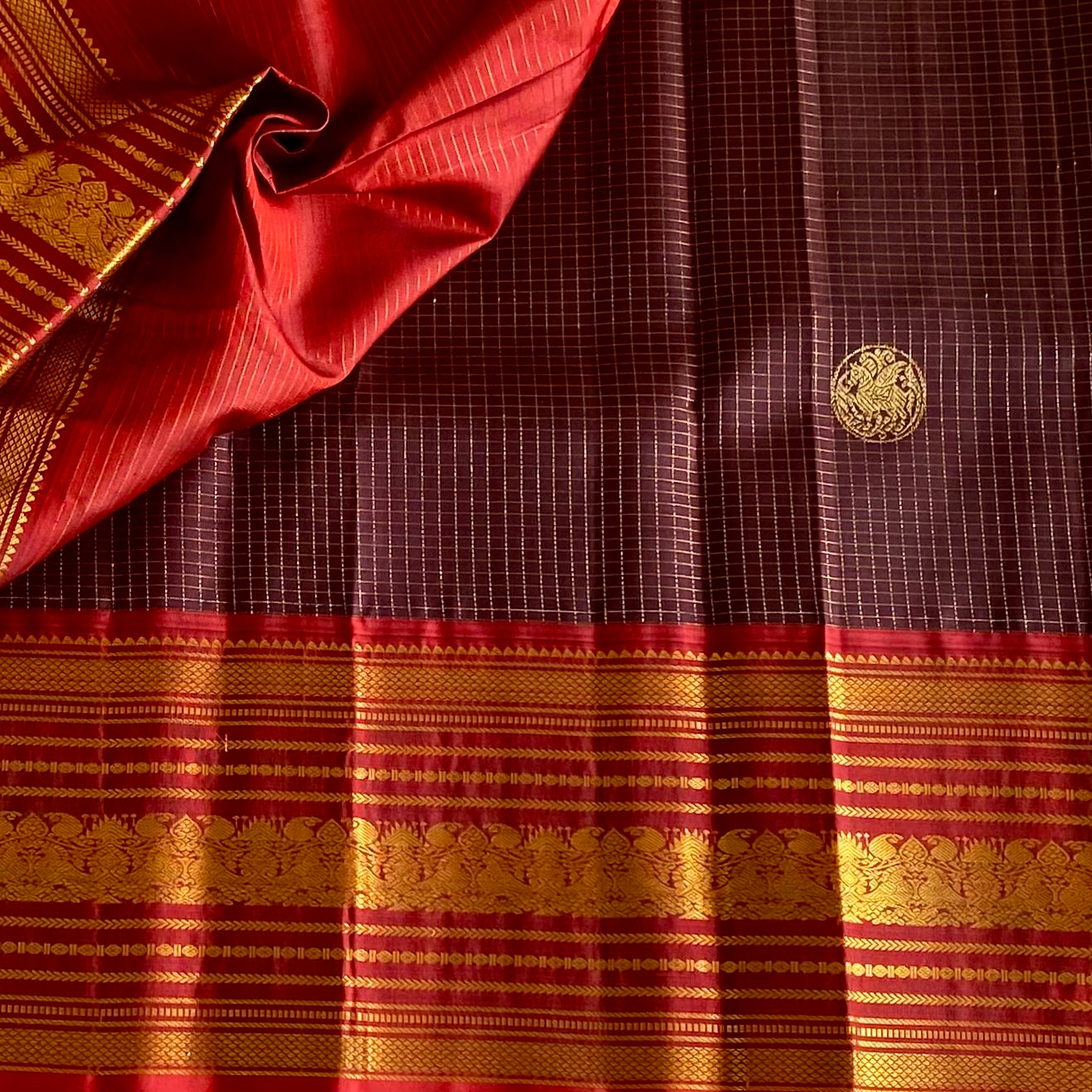 Chocolate Brown Checkered Kanjeevaram Pure Zari Silk Saree With Rich Red Pallu