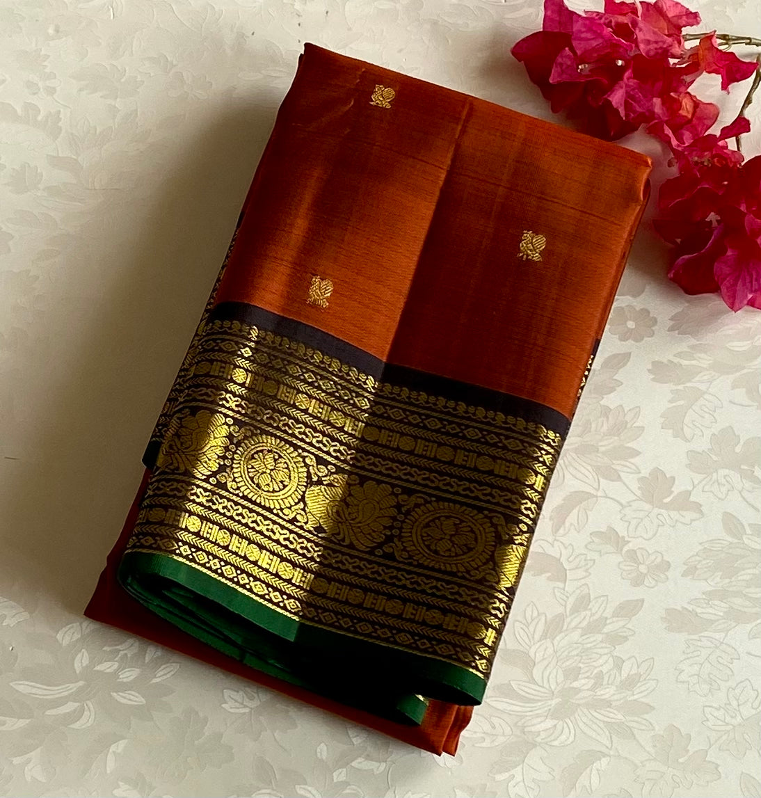Burnt Orange Silk Saree Royal Purple Pallu Antique Gold Brocade