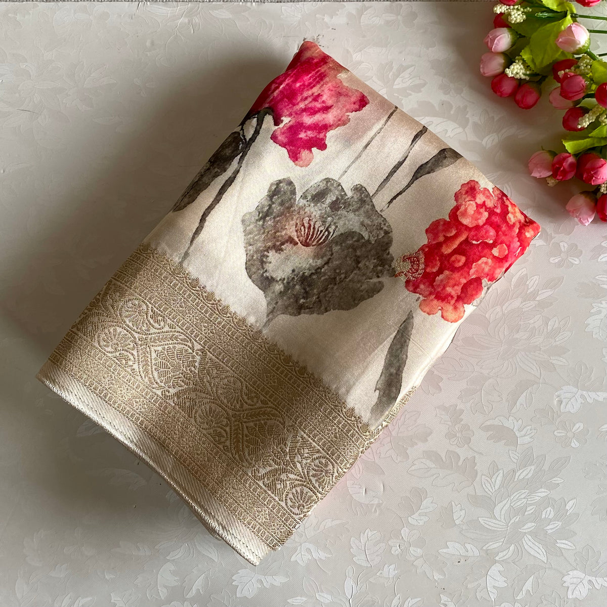 Ivory Pearl Floral Premium Tussar Silk Saree With Antique Zari Borders