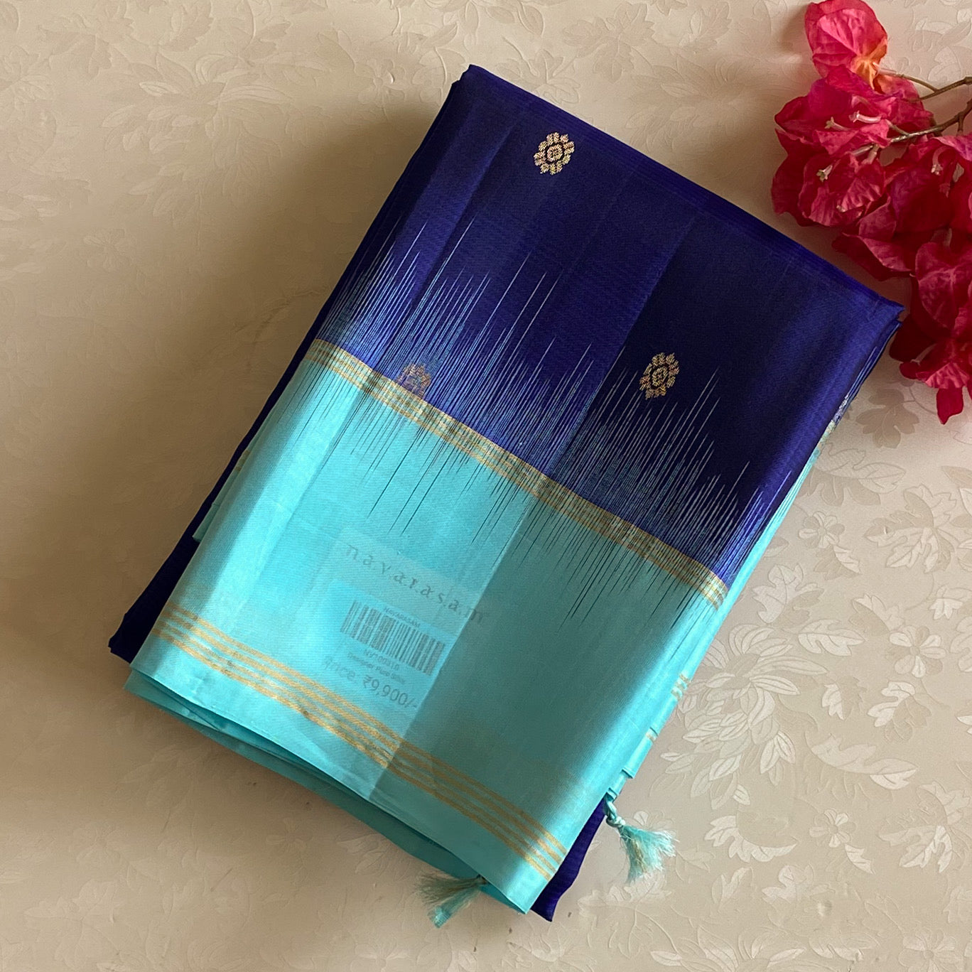 Royal Blue Aqua Silk Saree Gold Woven Zari Floral Pallu