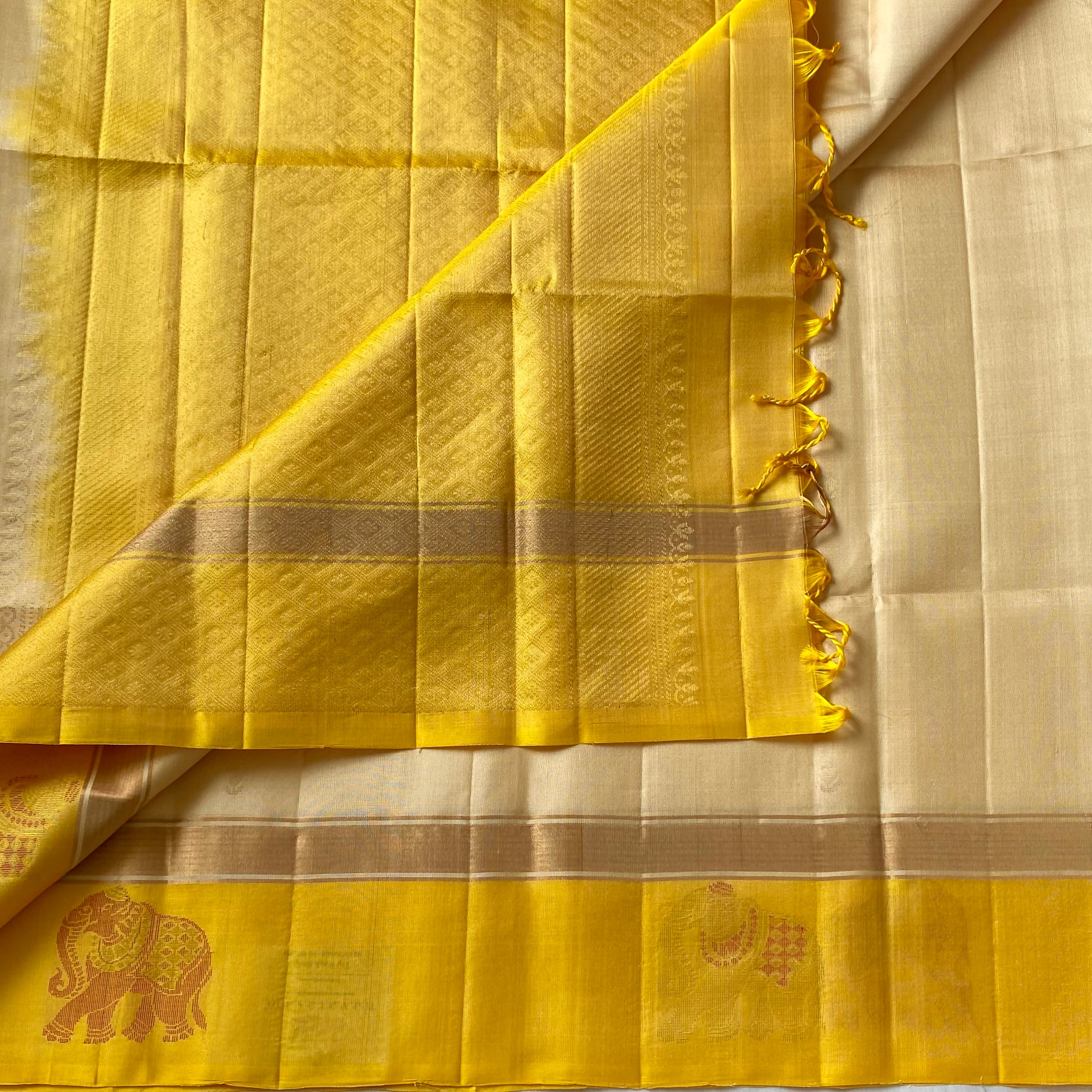 Stunner beige with lemon, yellow designer, handwoven, pure silk with elephant buttas