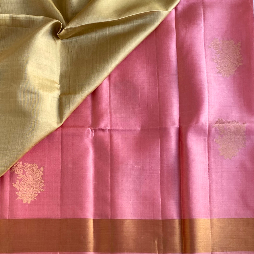Dreamy Baby Pink Designer Pure Silk Saree With Antique Gold Pallu And Tassels