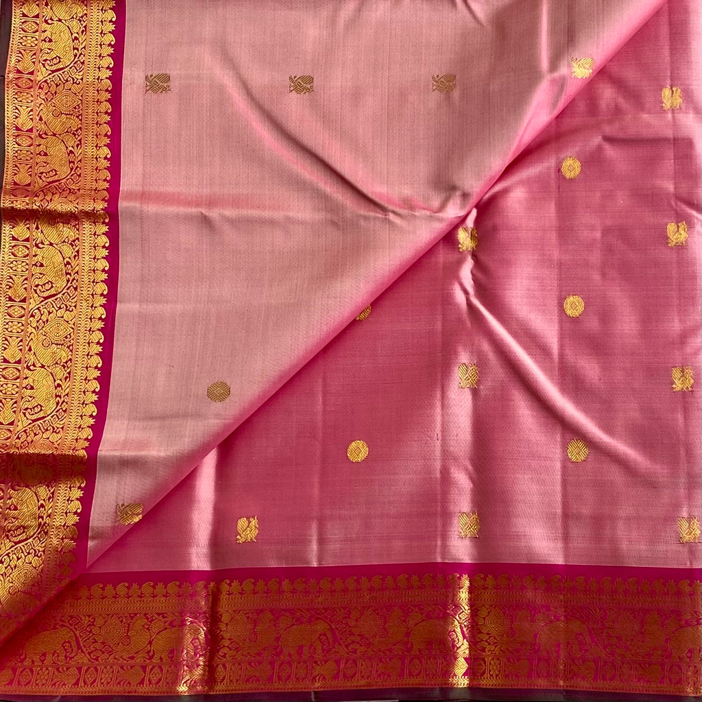 Blush Pink Kanjeevaram Pure Zari Silk Saree With Rani Pink Pallu