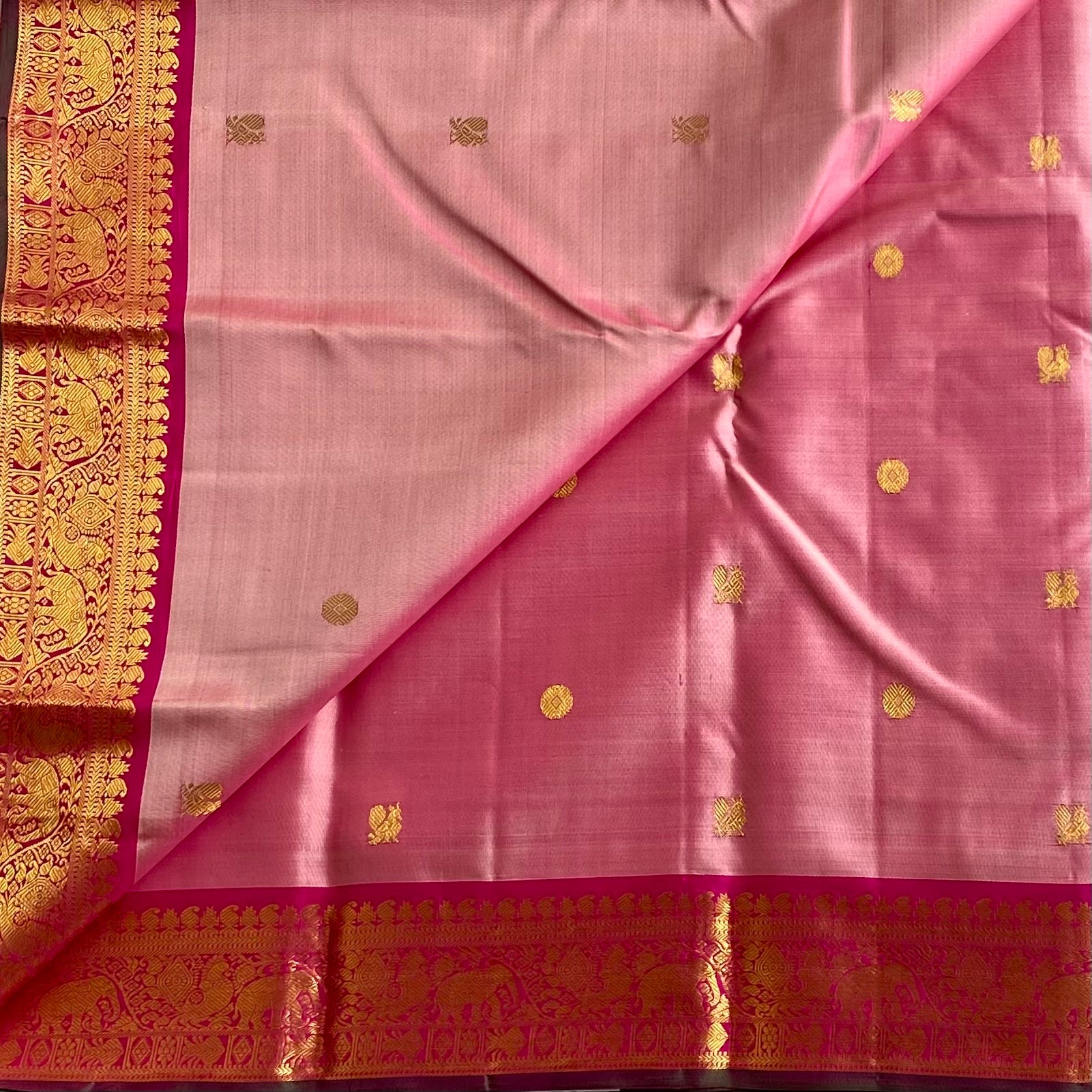 Blush Pink Kanjeevaram Pure Zari Silk Saree With Rani Pink Pallu