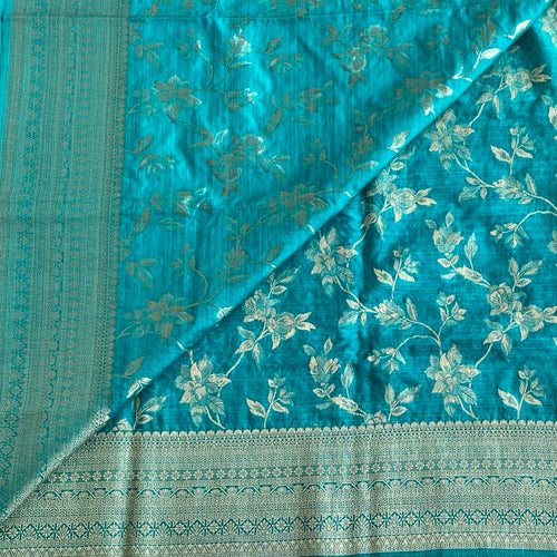 Azure Blue Soft Tussar Silk Saree With Gold Brocade Border