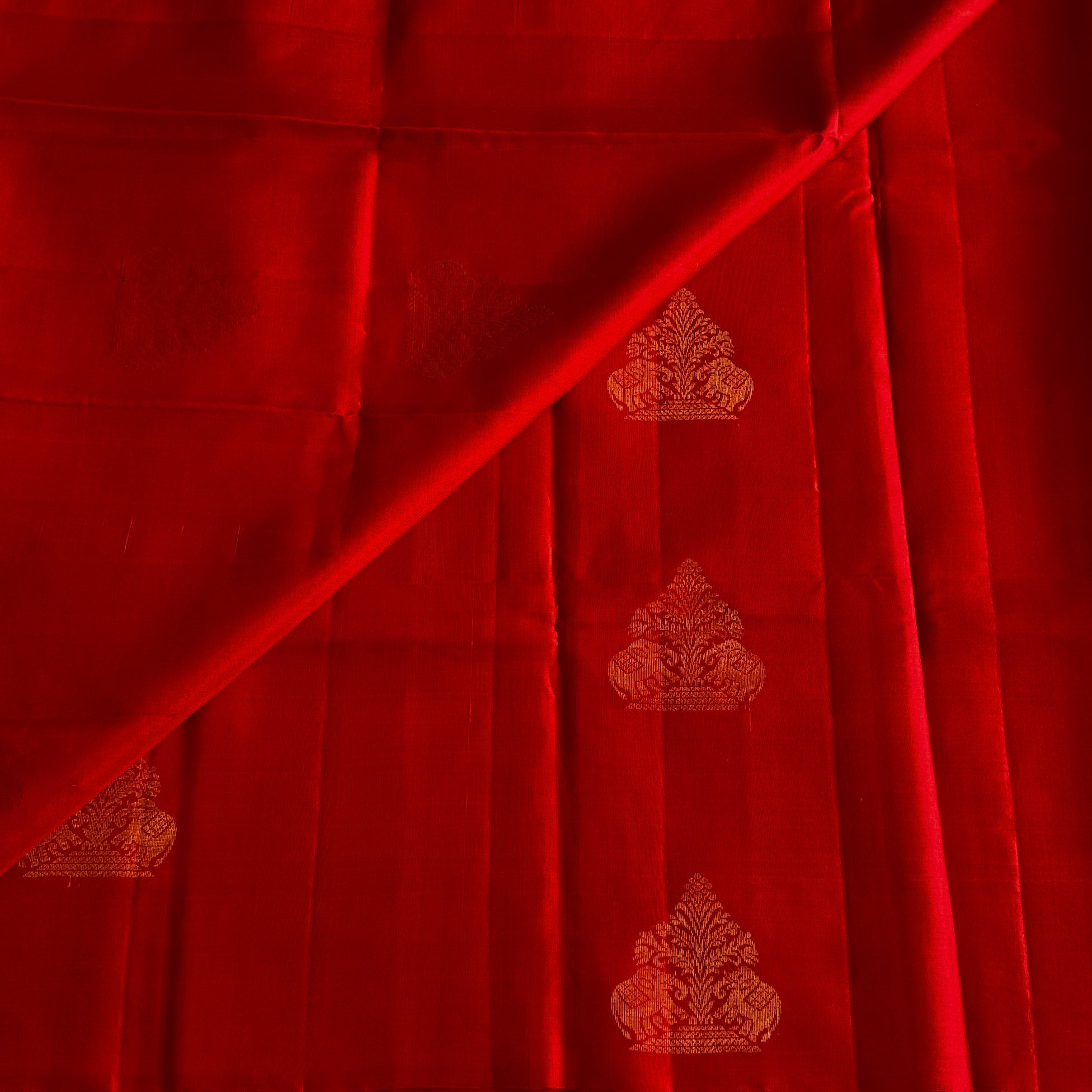 Scarlet Red Saree with Gold Woven Motifs and Tassels