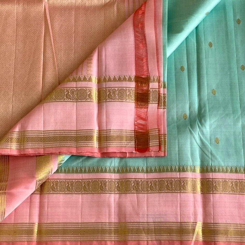 Lustrous Sky Blue Kanjeevaram Pure Zari Silk Saree With Blush Peach borders n Pallu