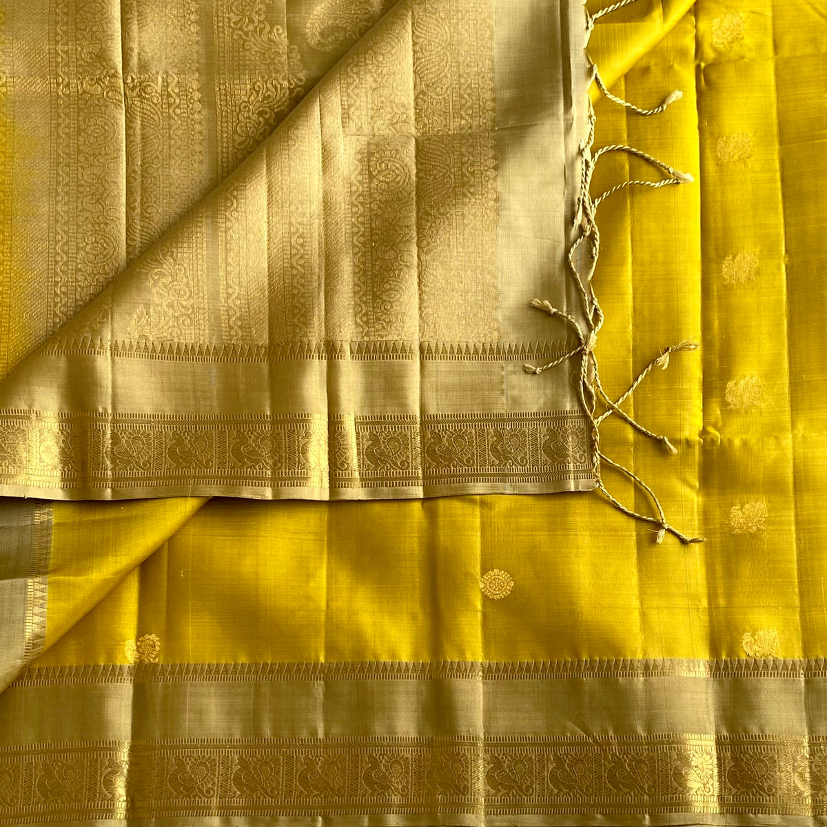 Mustard Yellow & Antique Gold Designer Pure Silk Saree With Zari Buttas