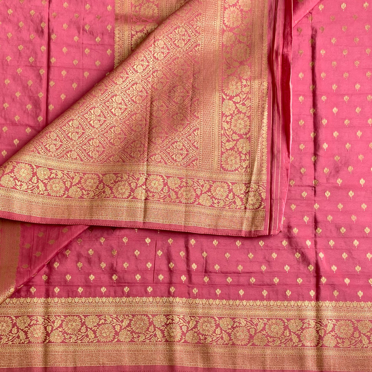 Rose Pink Soft Crepe Silk Saree With Maroon Pallu And Gold Zari