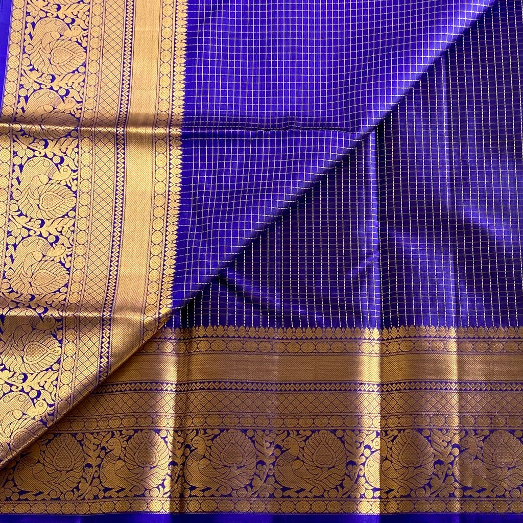 Micro Checkered Designer Pure Silk Royal Blue And Antique Gold Saree With Paisley Pallu