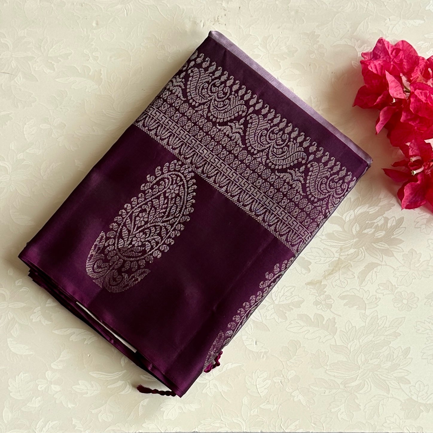 Magenta Banarasi Silk Saree Silver Zari Paisley Border Geometric Pallu