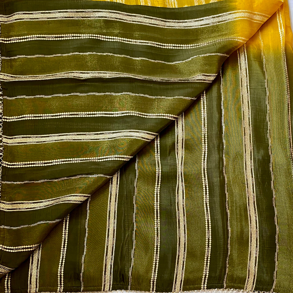 Olive Green Silk Saree Mustard Pallu Gold Zari Striped Design