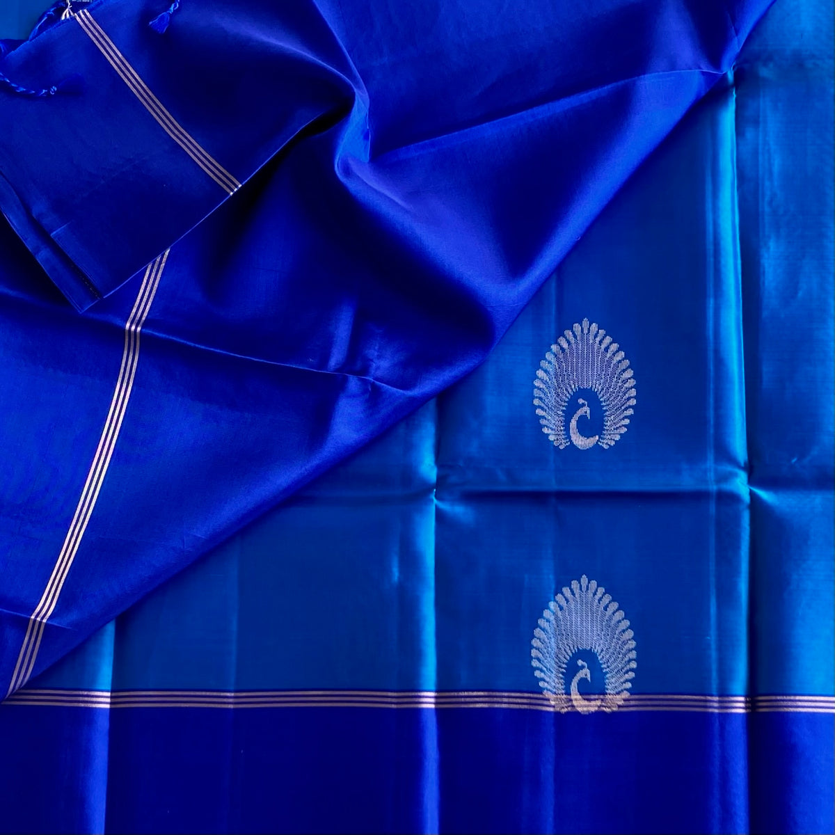 Deep Sky Designer Pure Silk With Royal Pallu & Peacock Buttas