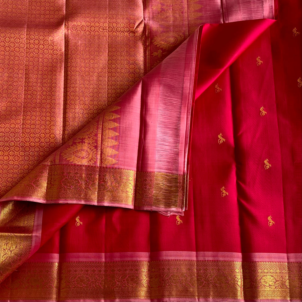 Cherry Pinkish Red Kanjeevaram Pure Zari Silk Saree With Rose Pink Pallu