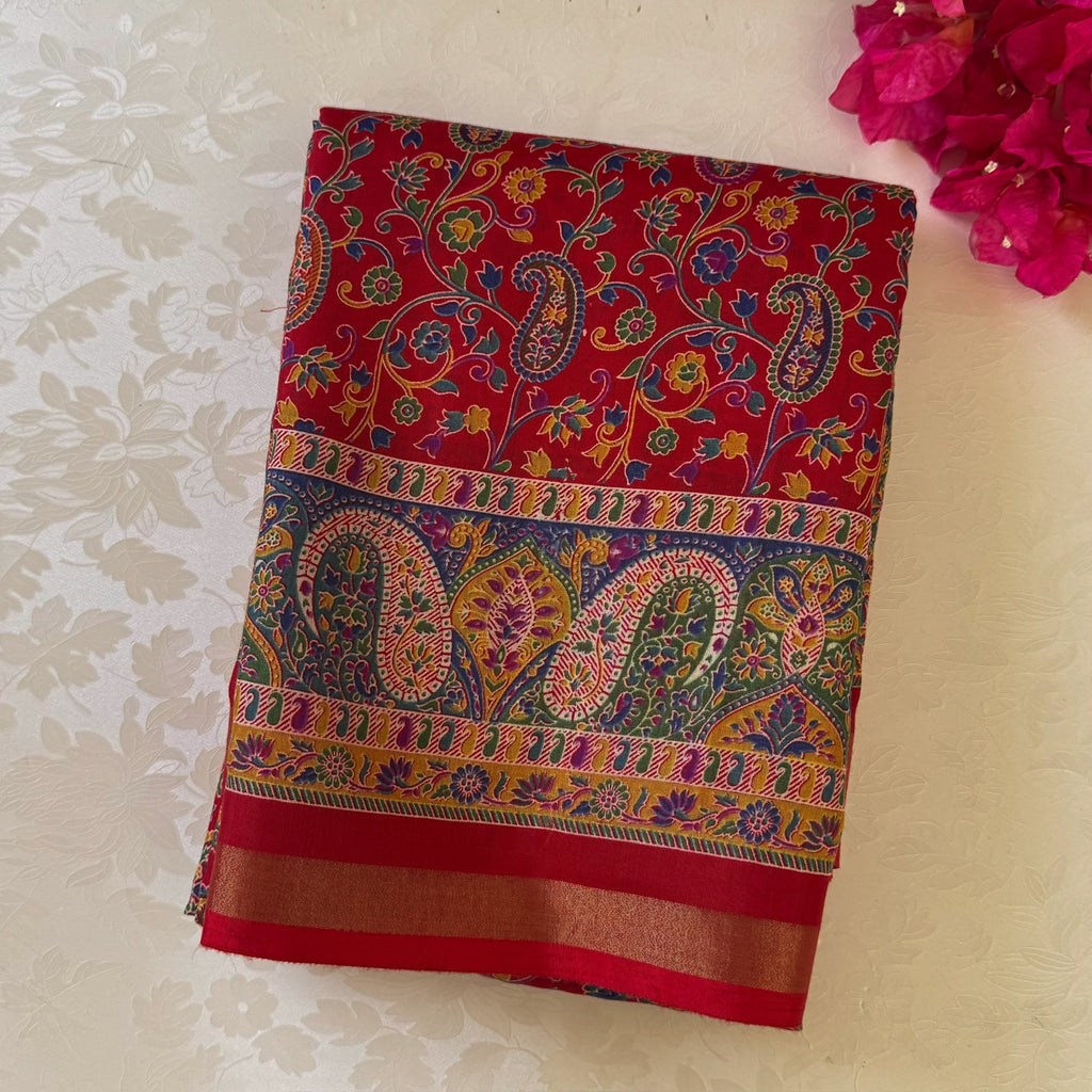 Crimson Paisley Saree With Gold Brocade Border For Wedding Wear