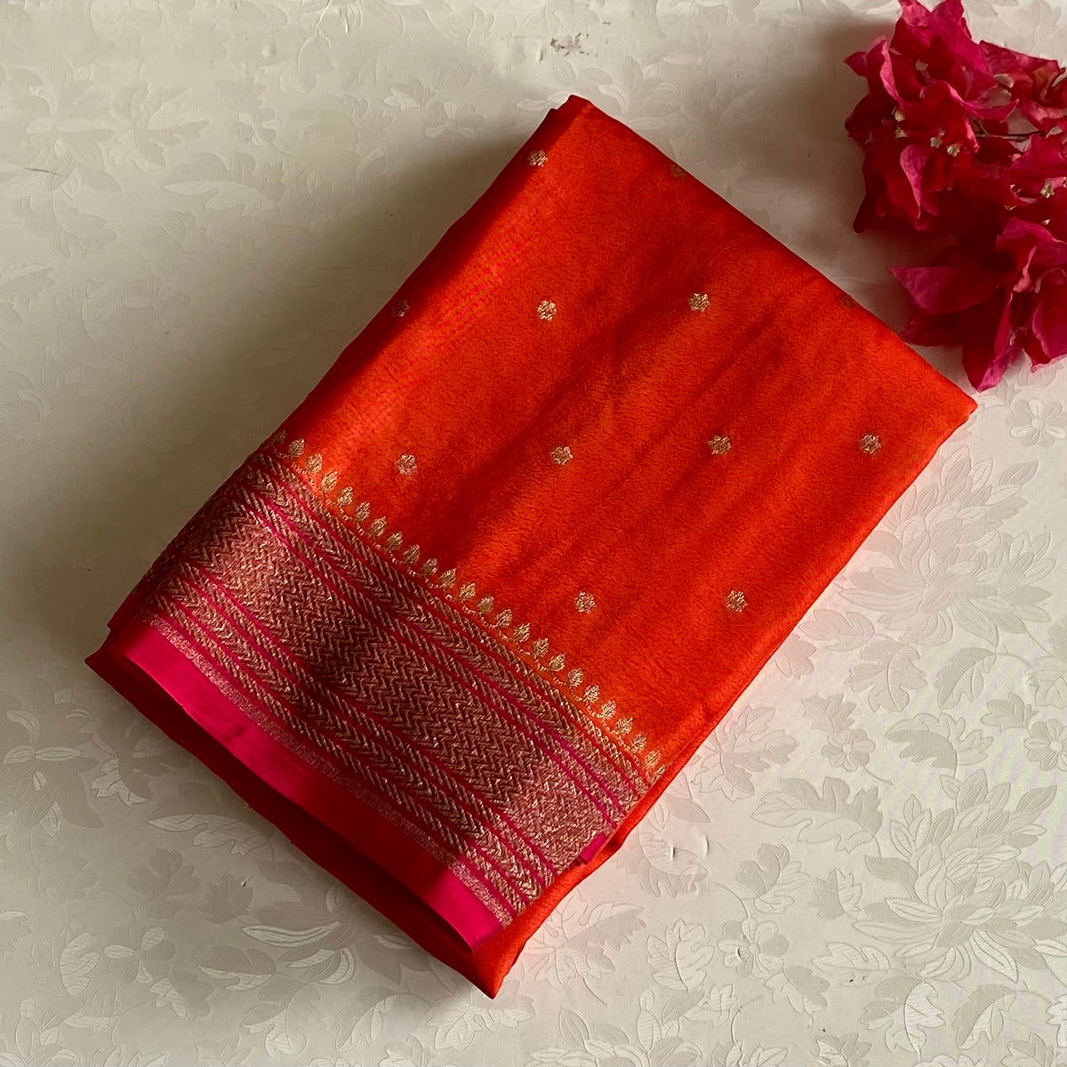 Tangerine Orange & Rani Pink Banarasi Crepe Silk Saree With Border