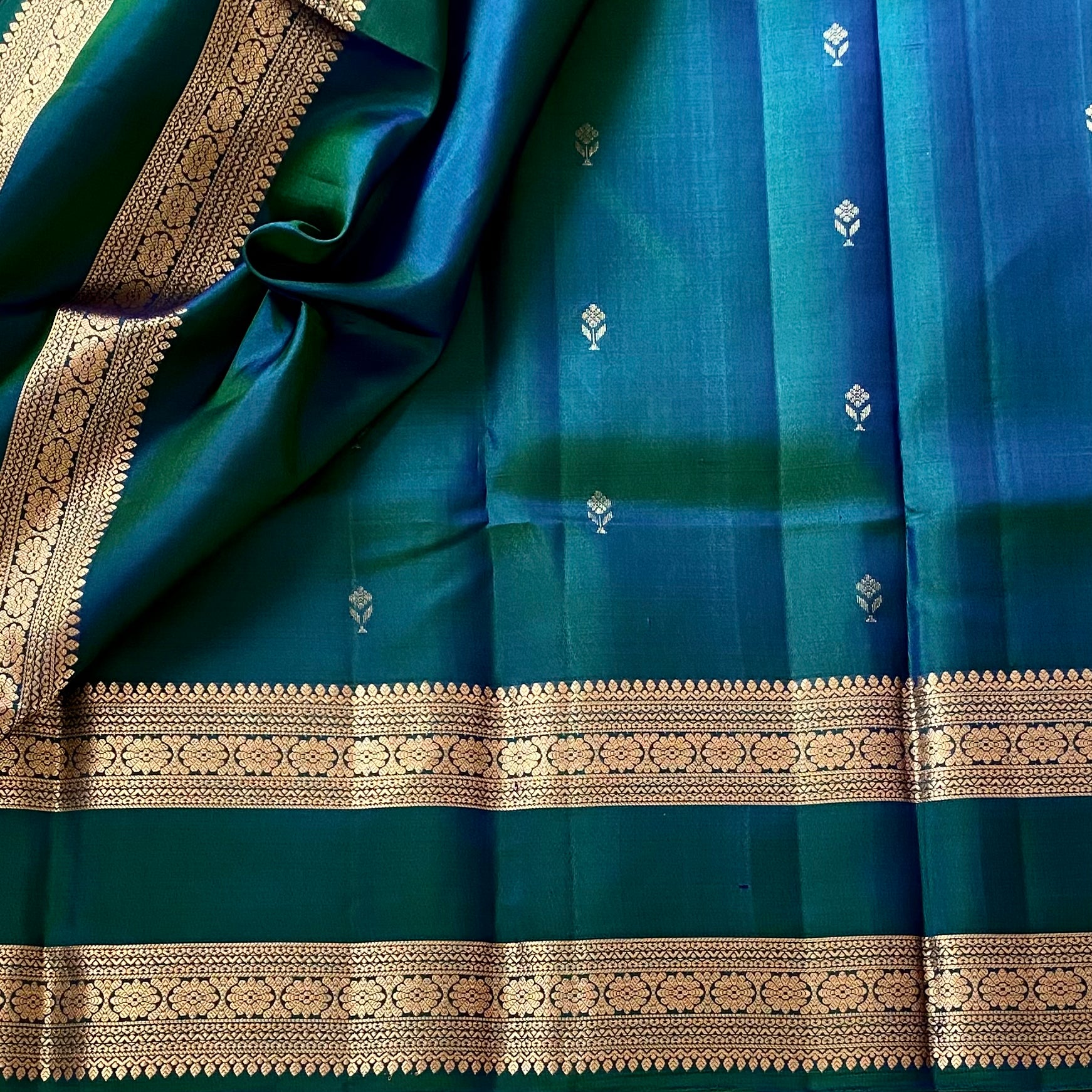 Peacock Blue Designer Pure Silk Saree Antique Gold Zari Border