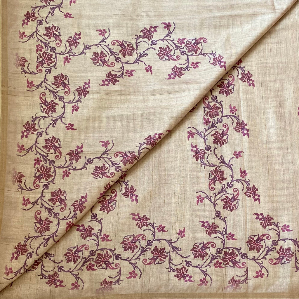 Champagne Gold Magenta Floral Saree Traditional Zari Border Elegant Drape