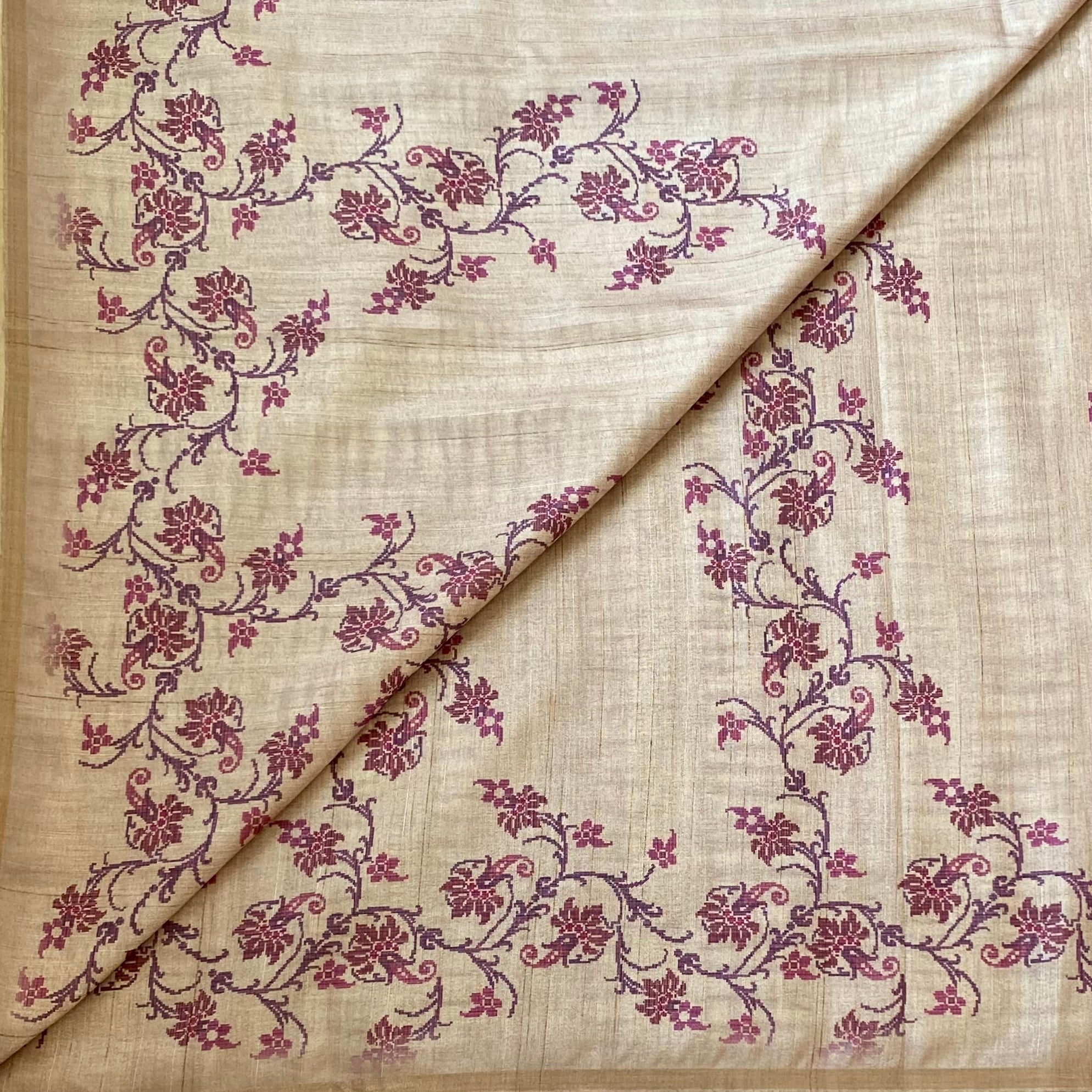 Champagne Gold Magenta Floral Saree Traditional Zari Border Elegant Drape