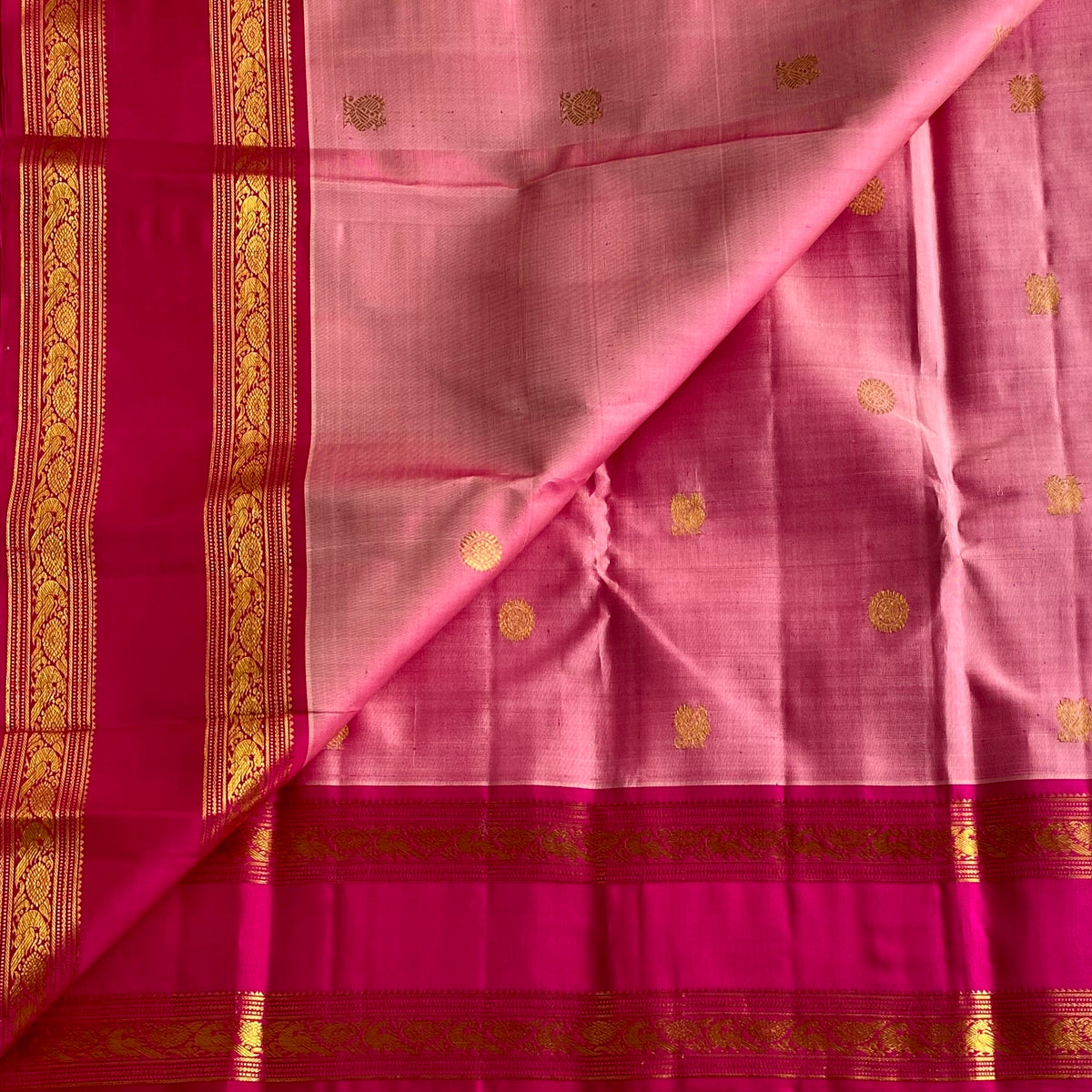 Blush Pink Kanjeevaram Pure Zari Silk Saree With Magenta Pink Pallu