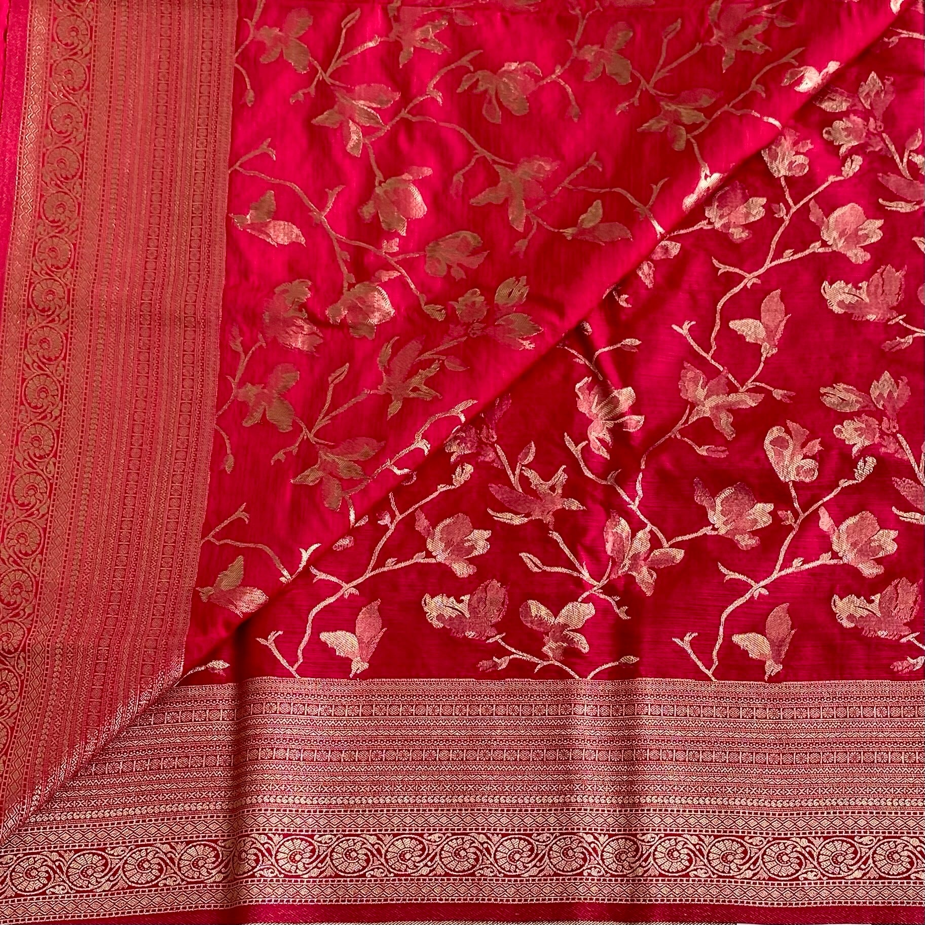 Vivid Burgundy Red Soft Tussar Silk Saree With Antique Gold Pallu