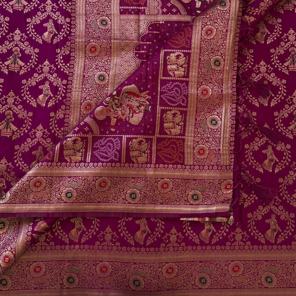 Magenta Gold Brocade Saree with Elephant Dancer Motifs and Tassels