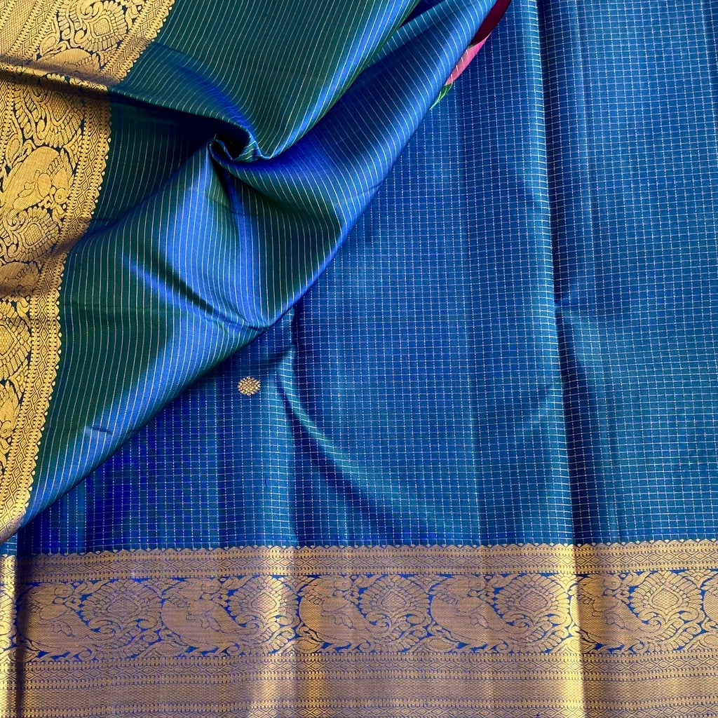 Peacock Blue Kanjeevaram Pure Zari Silk Saree With Zari Checkered Weave