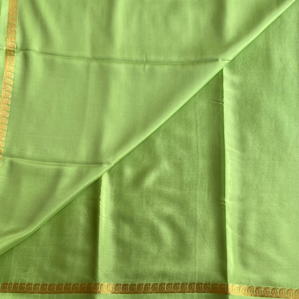 Tiny 1 inch border Lime Green Mysore Crepe Silk Saree With Metallic Gold Stripes