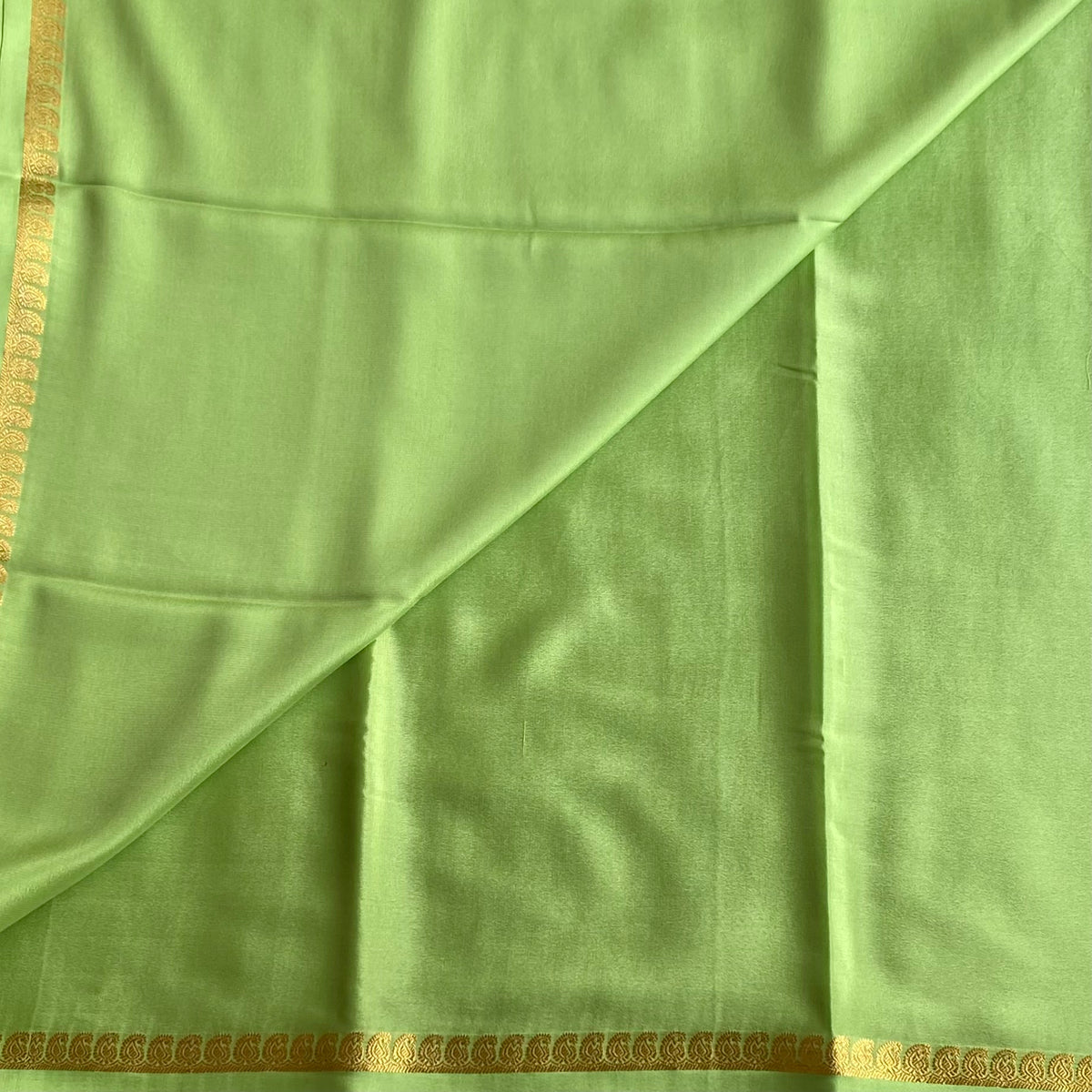 Tiny 1 inch border Lime Green Mysore Crepe Silk Saree With Metallic Gold Stripes