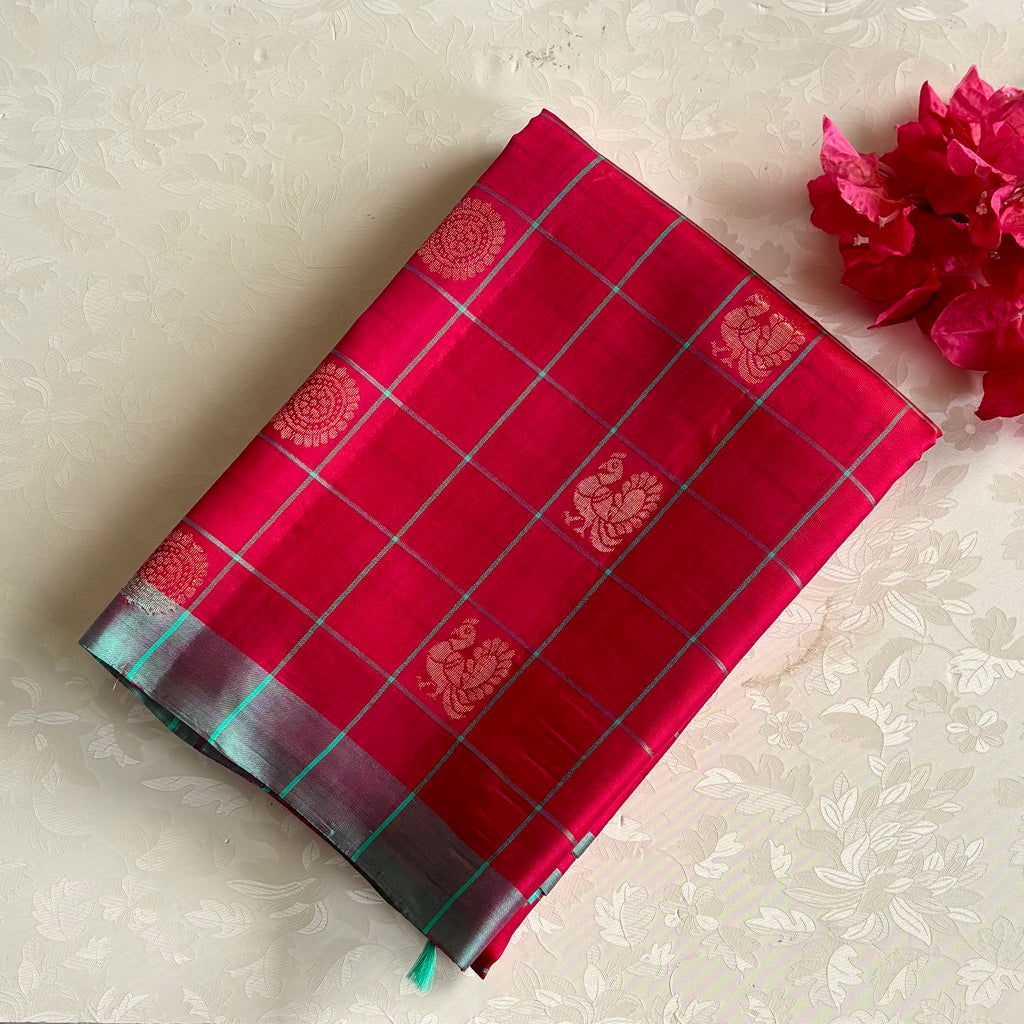 Pomegranate Pink Designer Pure Silk Saree With Turquoise Pallu