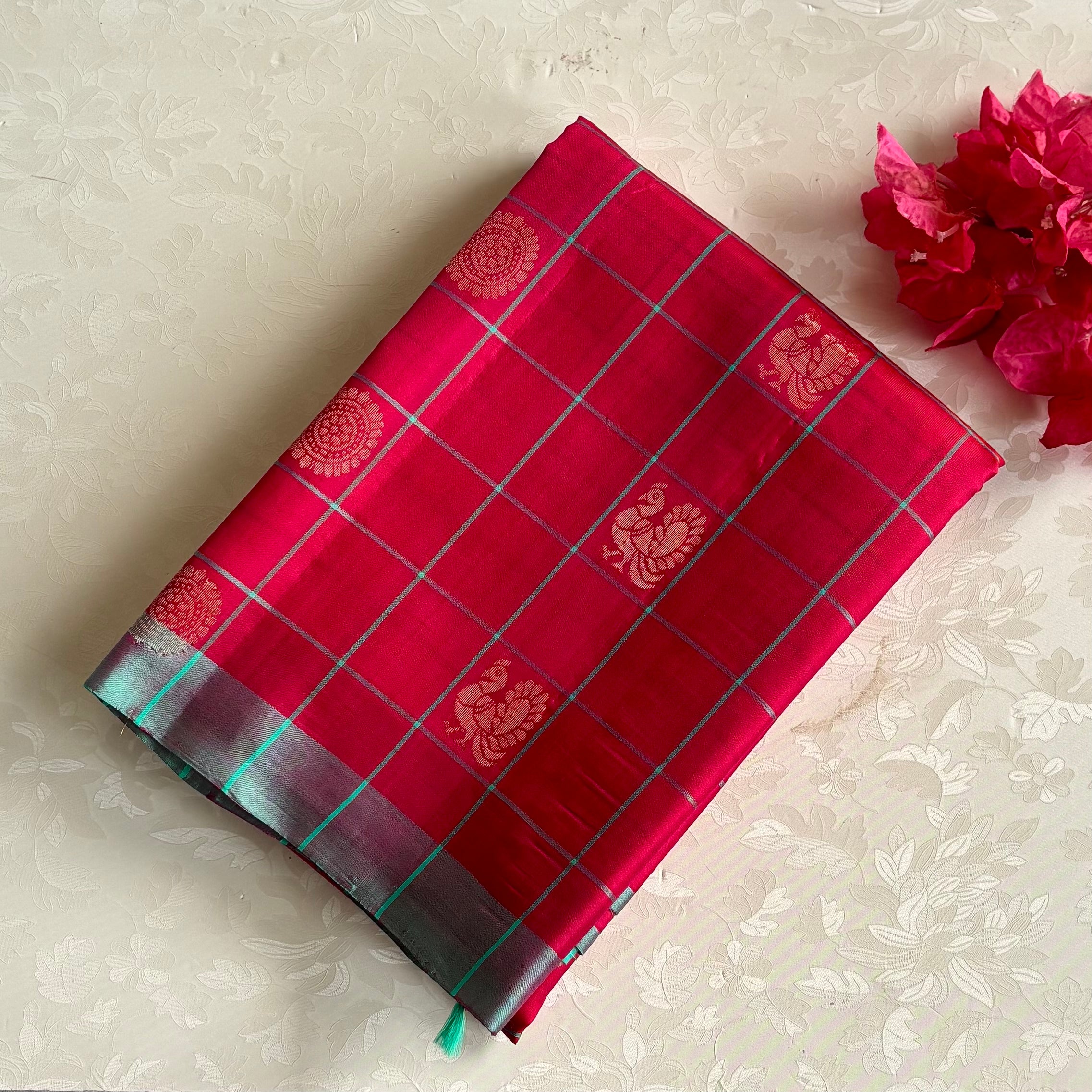 Pomegranate Pink Designer Pure Silk Saree With Turquoise Pallu