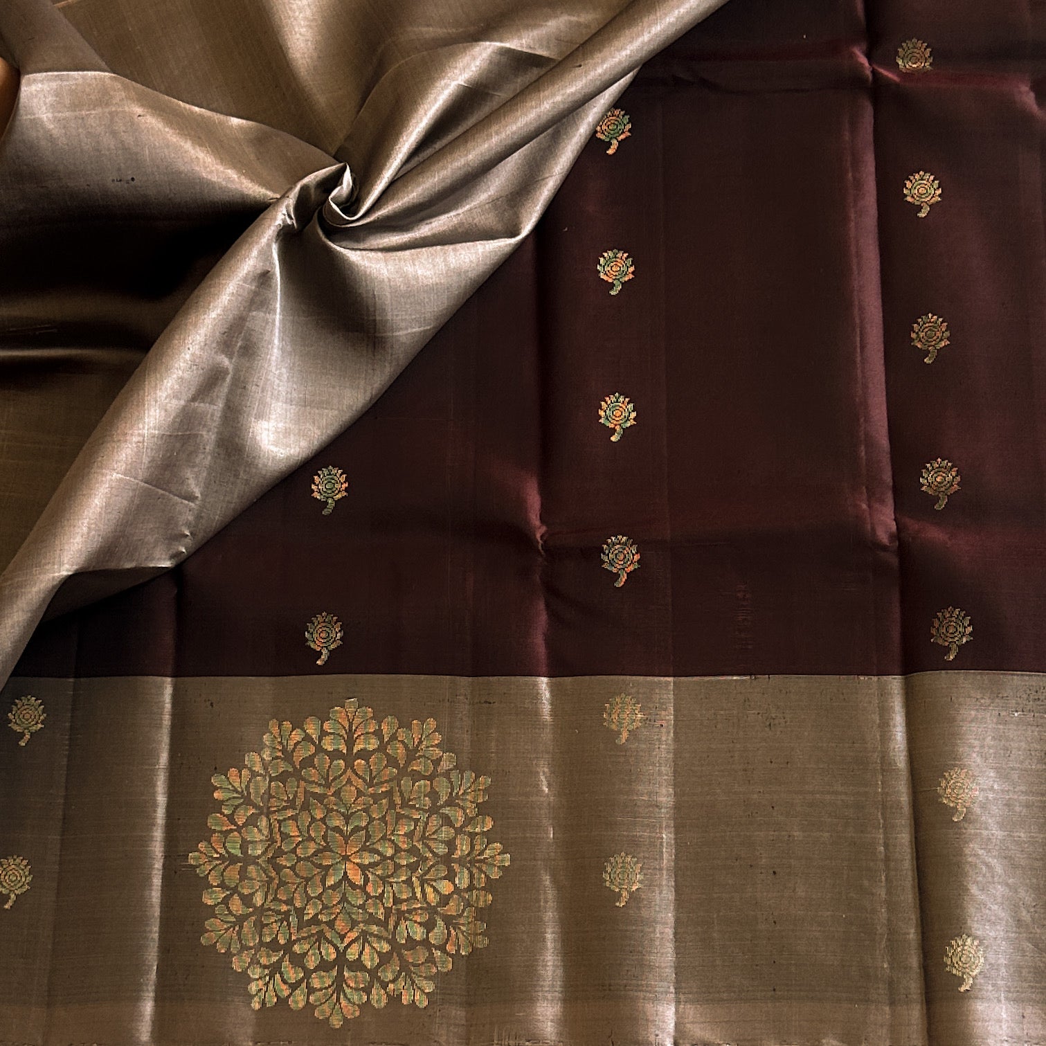Burgundy Silk Zari Saree Antique Silver Pallu Traditional Festive Elegant
