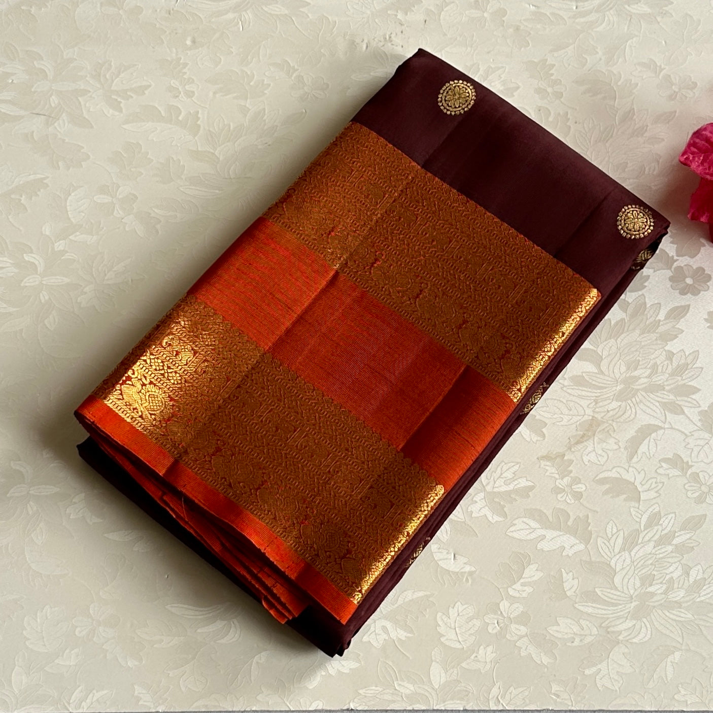 Dual shaded Coffee wine brown with classic rust orange Kanjeevaram pure zari silk