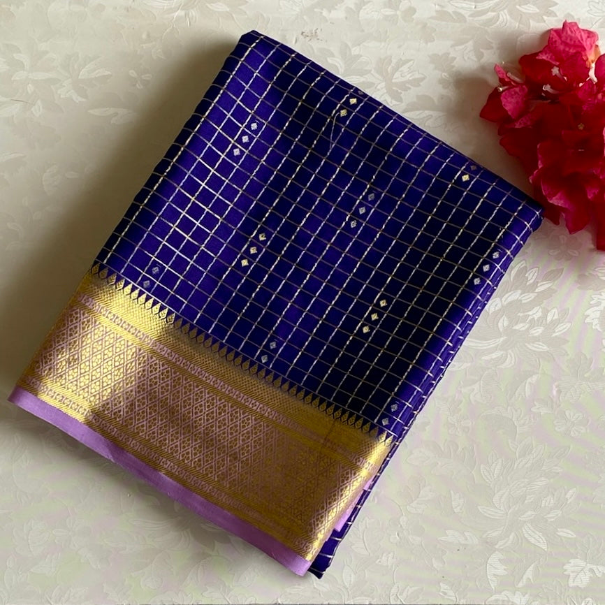 Lavender Mysore Crepe Silk Saree With Royal Blue Pallu