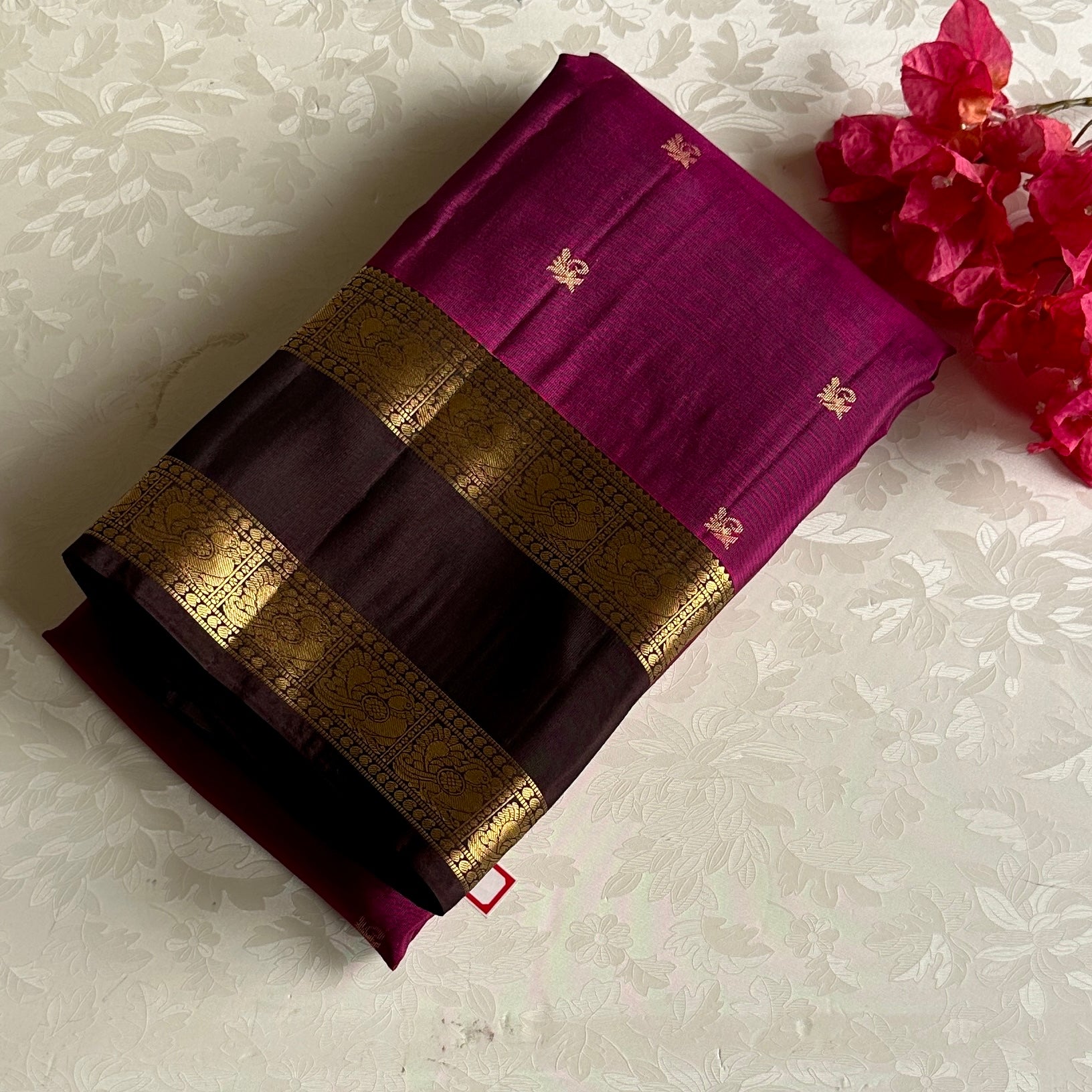 Deep Magenta Designer Pure Silk Wine Coffee Pallu Gold Zari