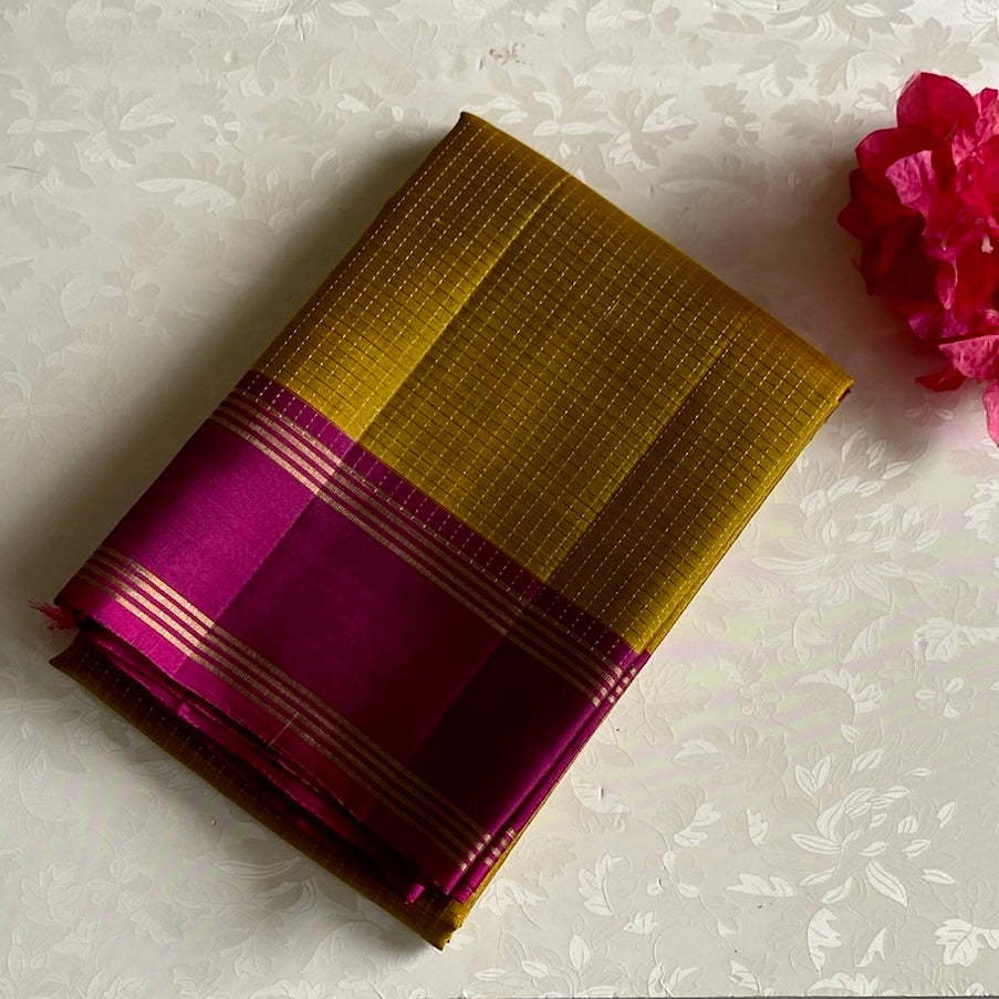 Mustard Yellow Designer Pure Silk Saree With Magenta Pallu