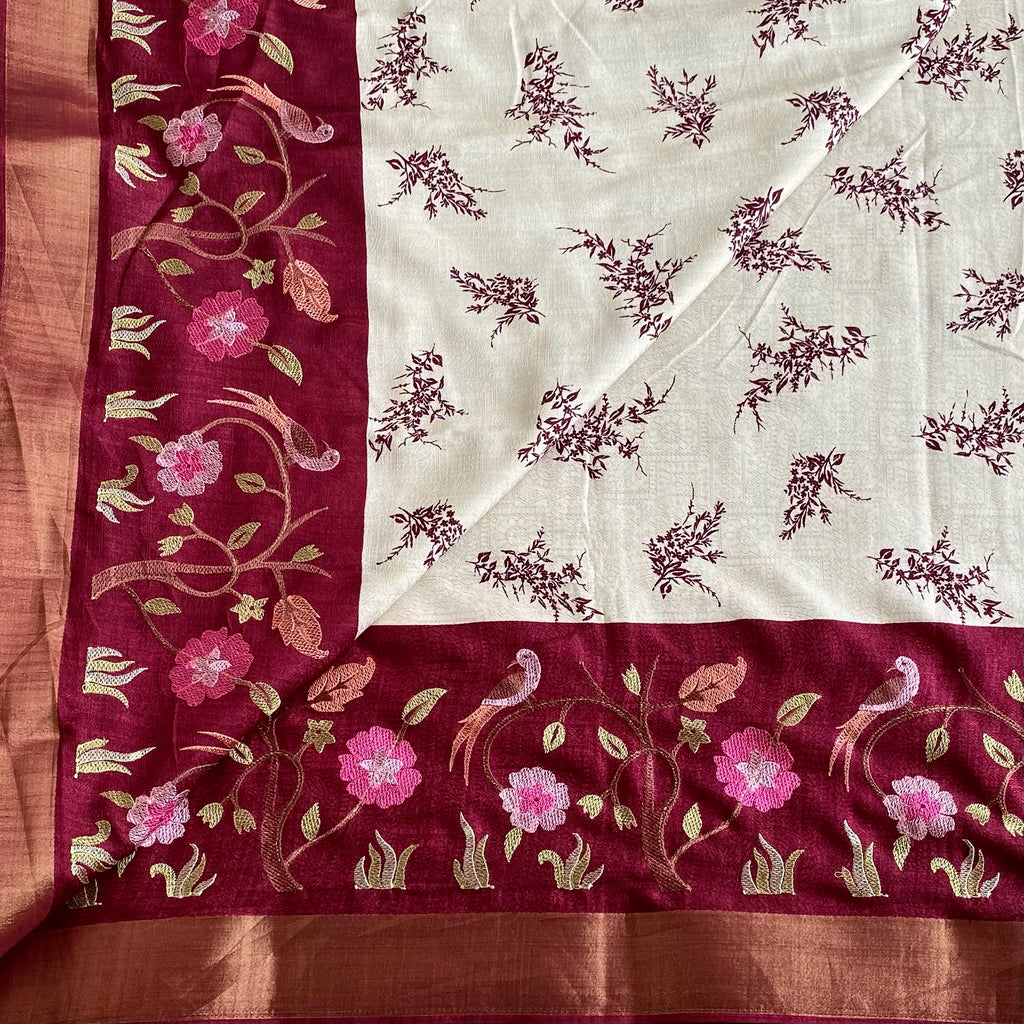 Ivory Soft Tussar Silk Saree With Maroon Embroidered Pallu And Zari Border