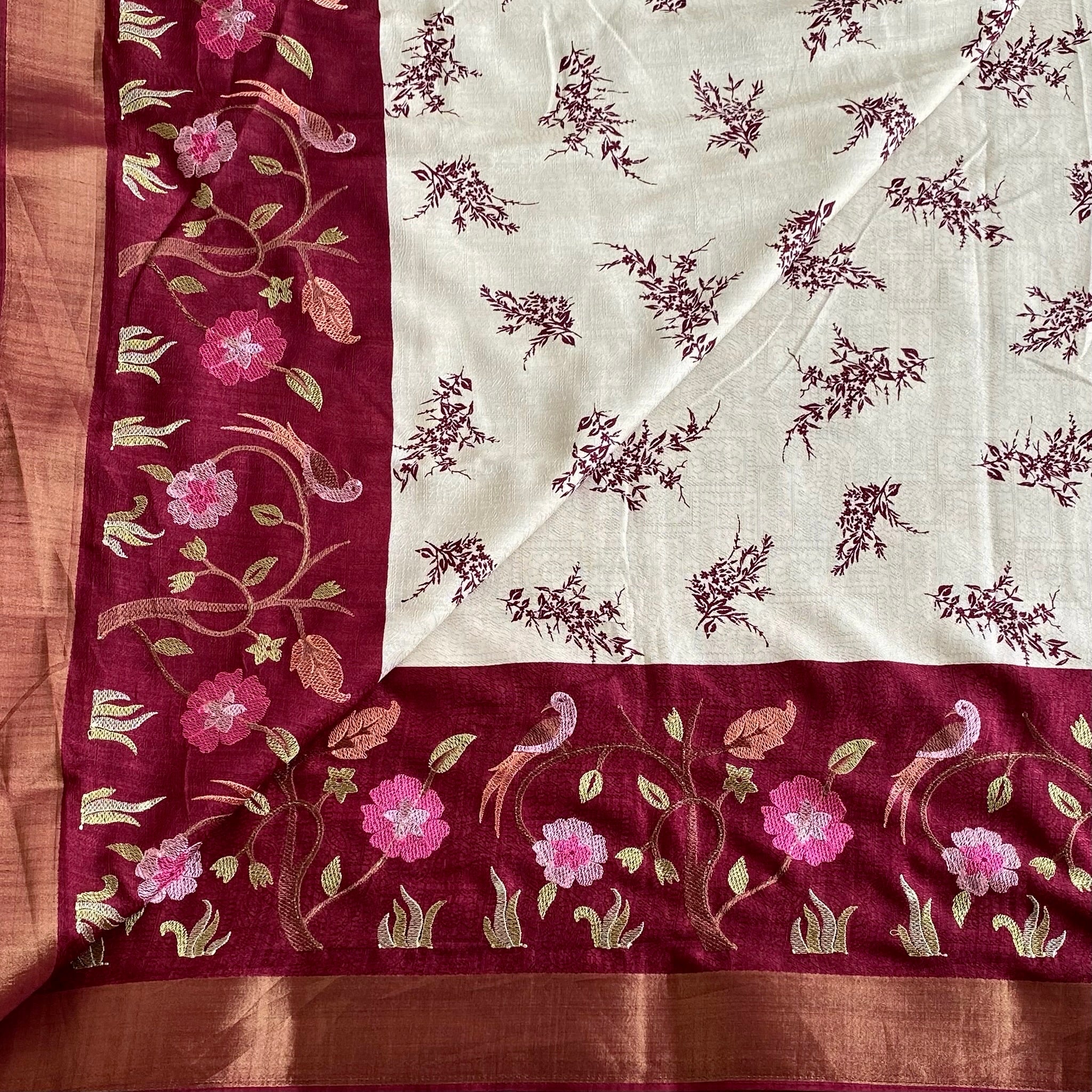 Ivory Soft Tussar Silk Saree With Maroon Embroidered Pallu And Zari Border