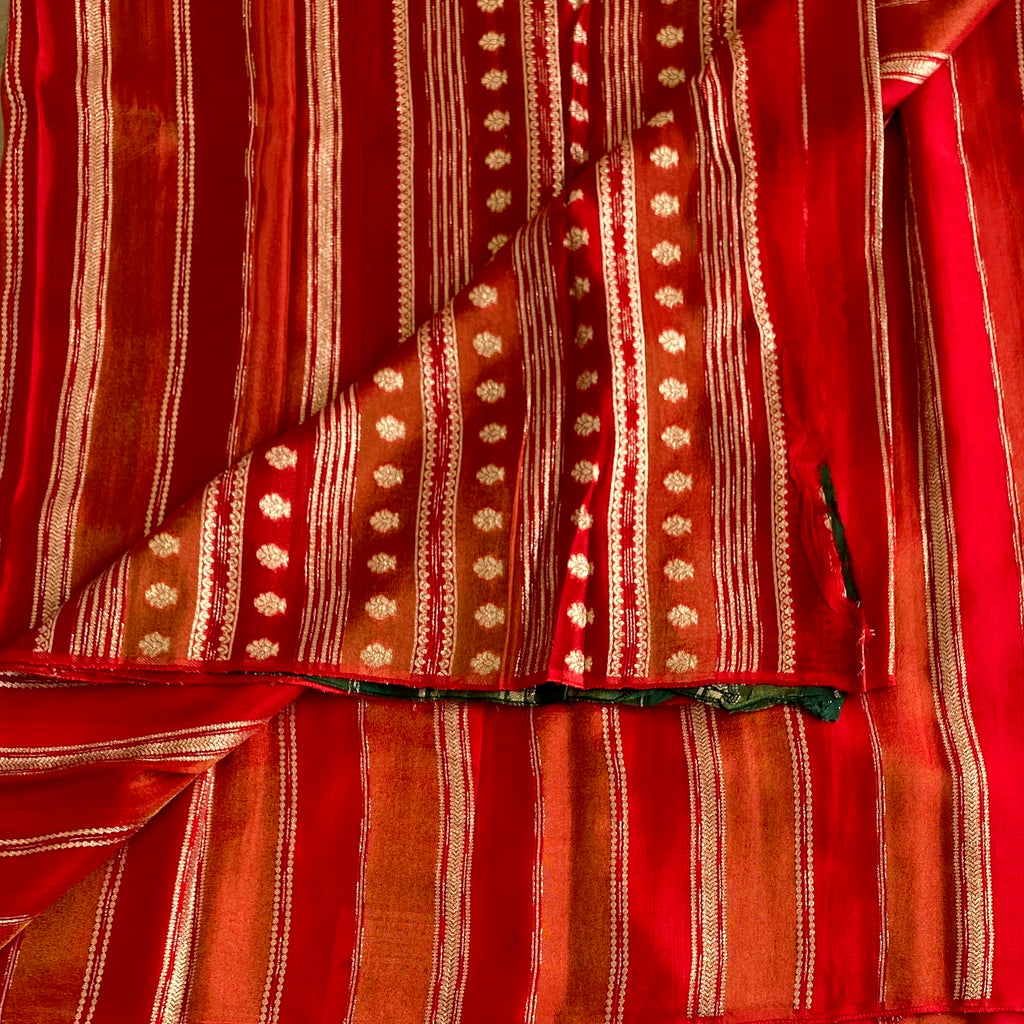 Scarlet Silk Saree Gold Zari Vertical Stripes Floral Motif Wedding