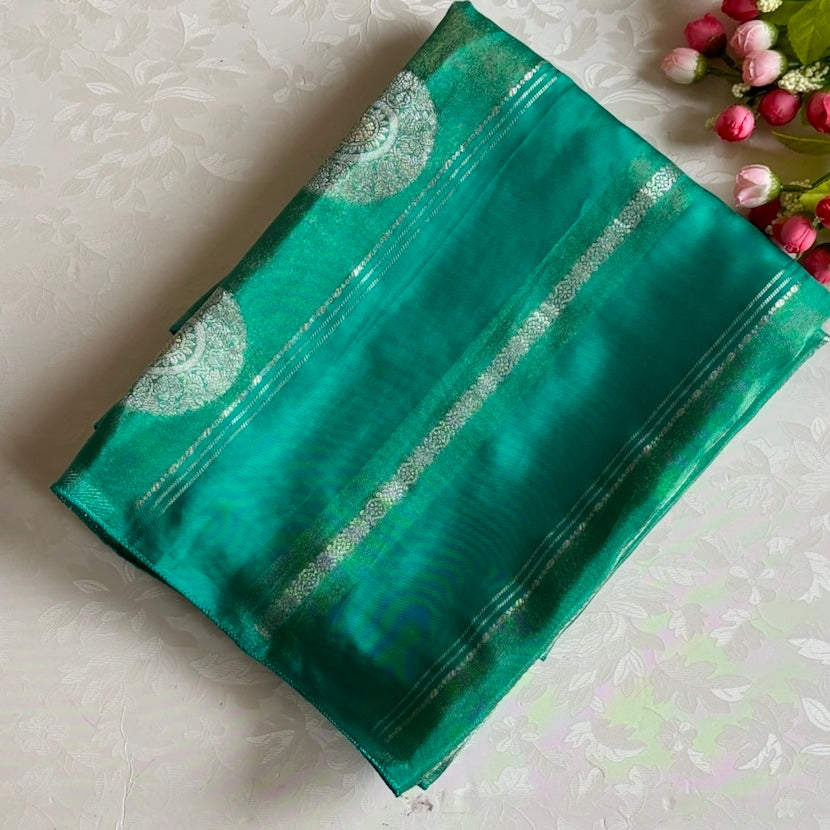Dual Sea Green Soft Designer Crepe Silk Saree With Silver Floral Pallu