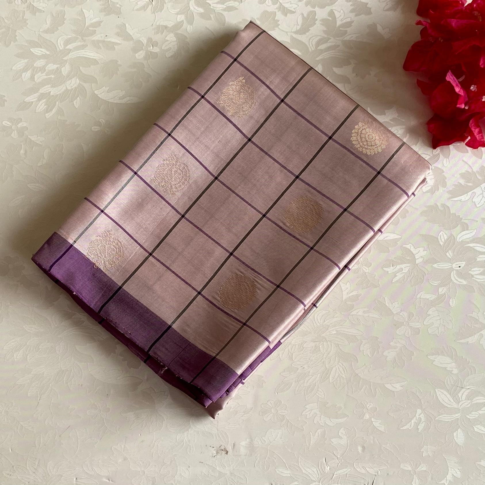 Blush Beige And Royal Purple Designer Pure Silk Saree With Zari