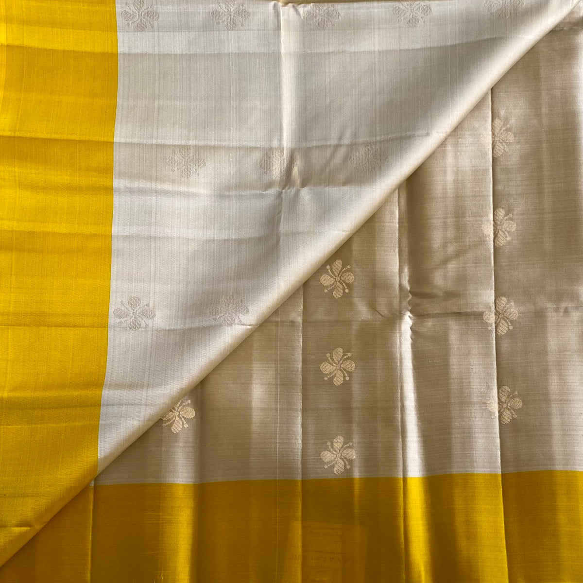 Taupe Beige Designer Pure Silk Saree With Mustard Yellow Pallu