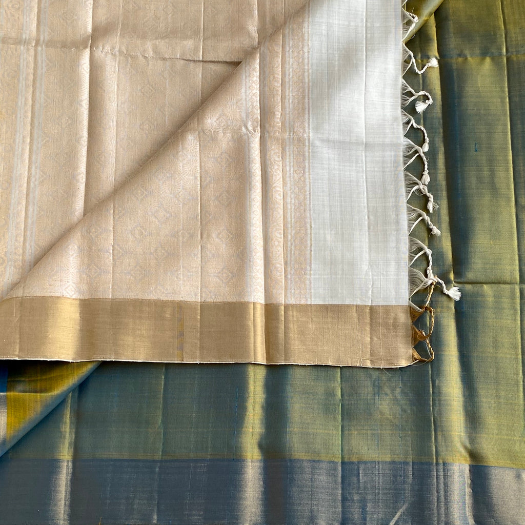 Dual Shaded Pastel Sea Green Designer Pure Silk Saree With Ivory Beige Contrast