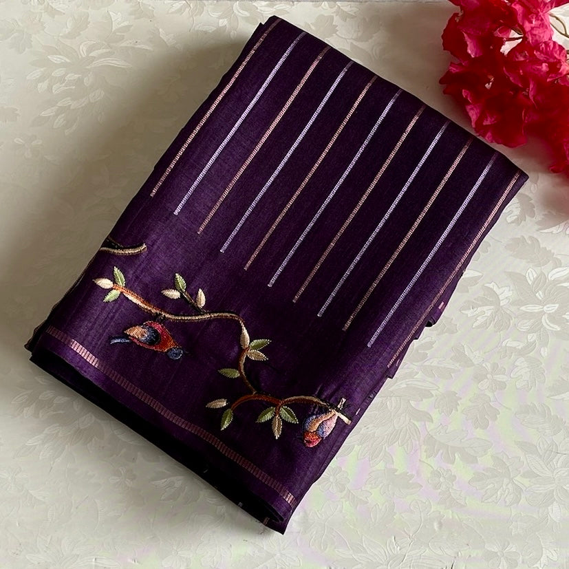 Deep Purple Soft Tussar With Designer Embroidered Borders