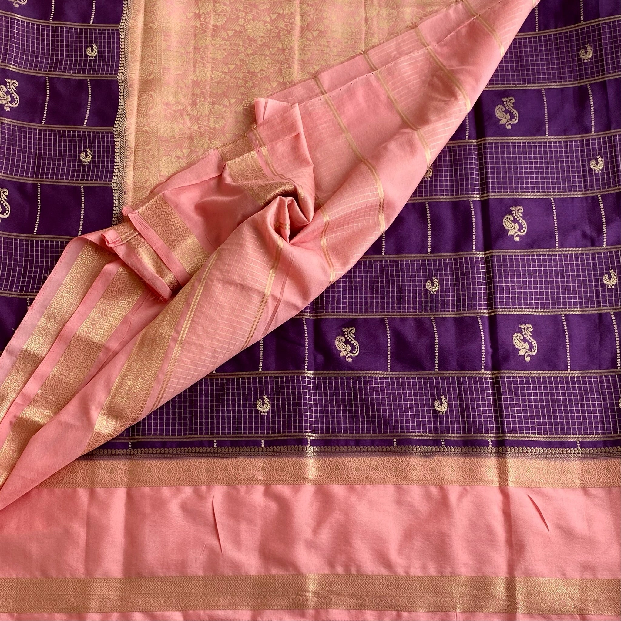 Dreamy Purple Soft Crepe Checkered Silk With Blush Pink Contrast