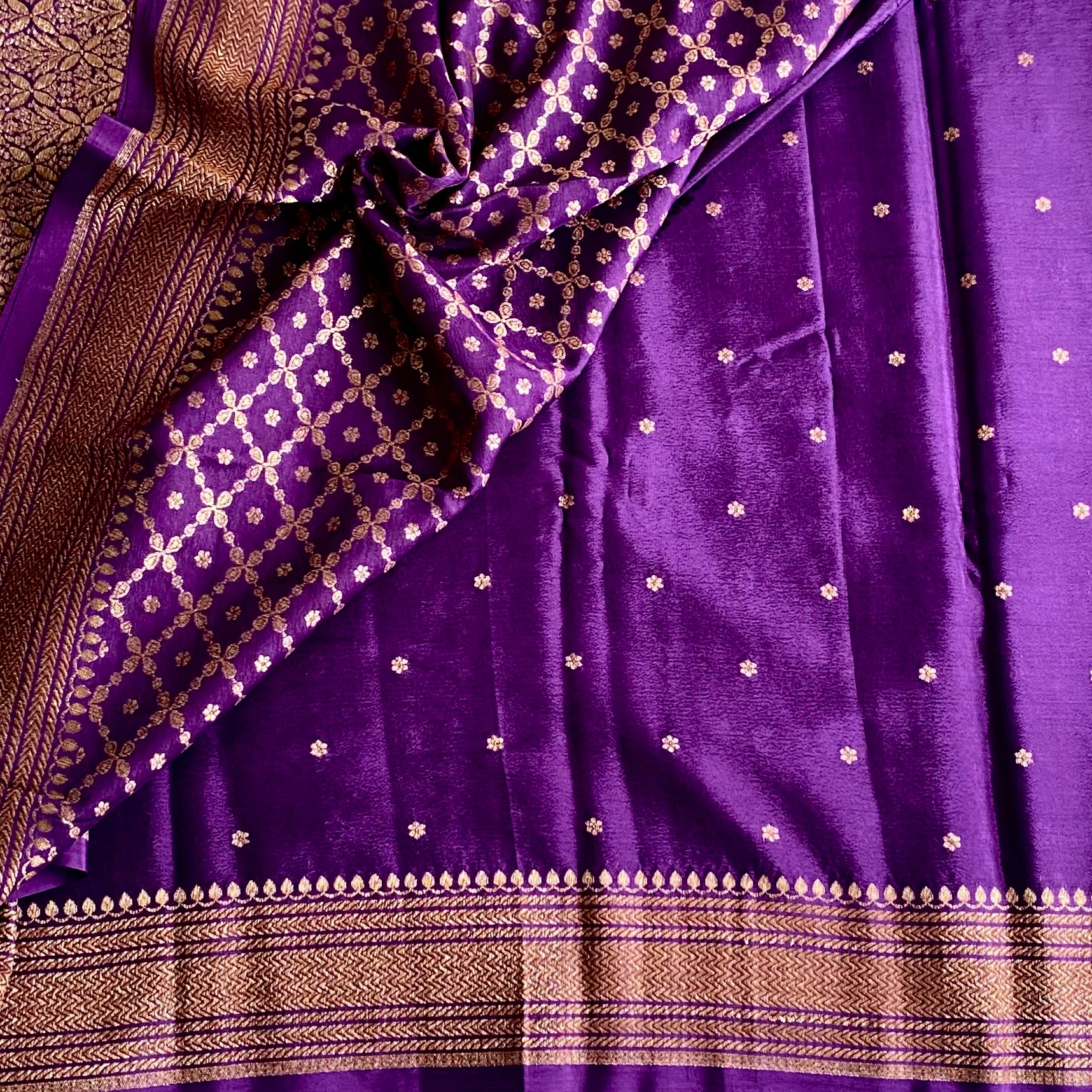 Royal Purple Banarasi Crepe Silk Saree With Antique Gold Pallu